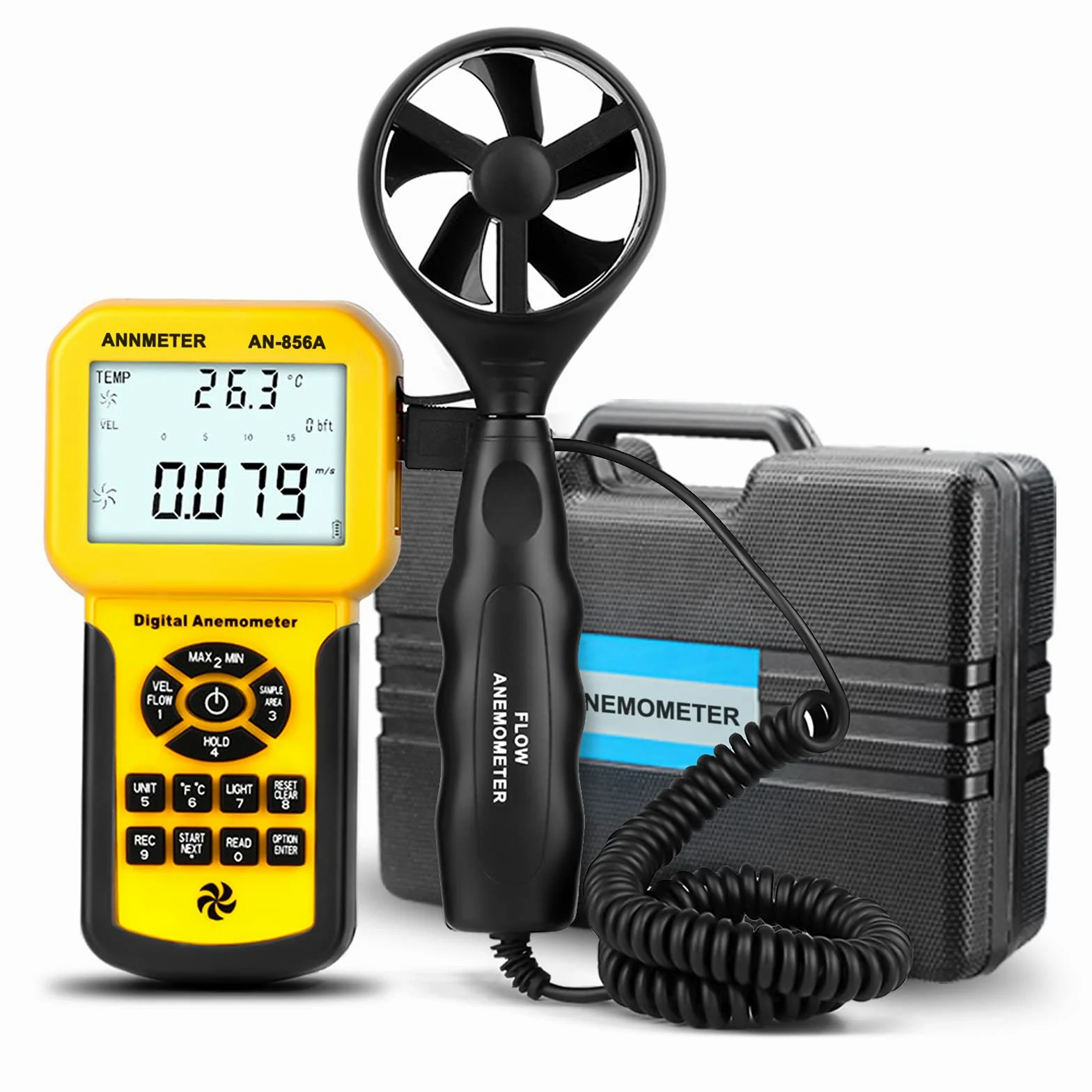 ANNMETER Medidor de velocidad de viento de mano, anemómetro separado, medición de velocidad de flujo de aire, temperatura CFM CMM medidor para HVAC con registro de datos MAX MIN AVG AN-856A