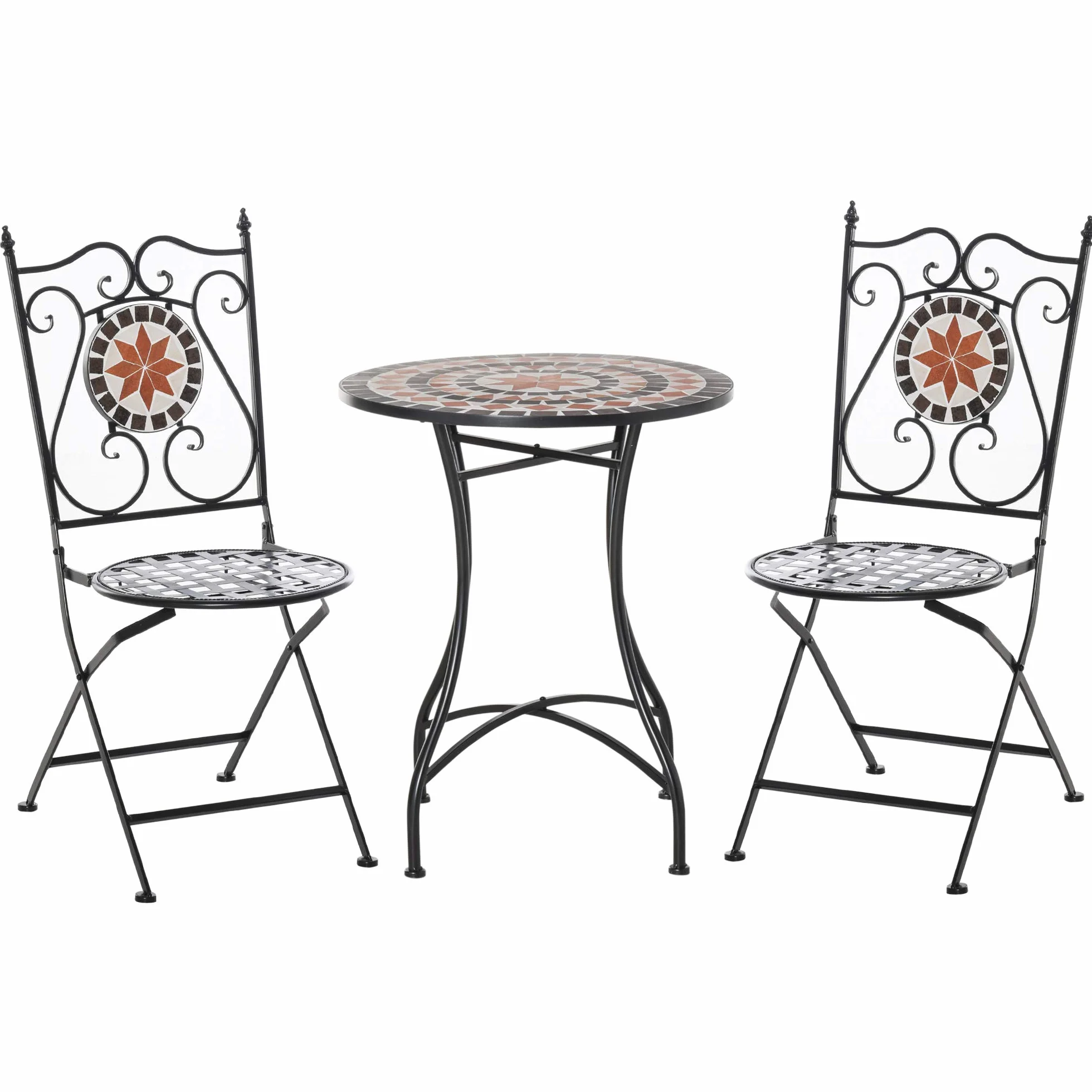 Outsunny 3 Piezas Mosaico Set Bistro, Mesa, 2 Sillas Plegables Negras | Asientos Exteriores, Marco de Metal, Elegante Volutas, Interior Patio Balcón