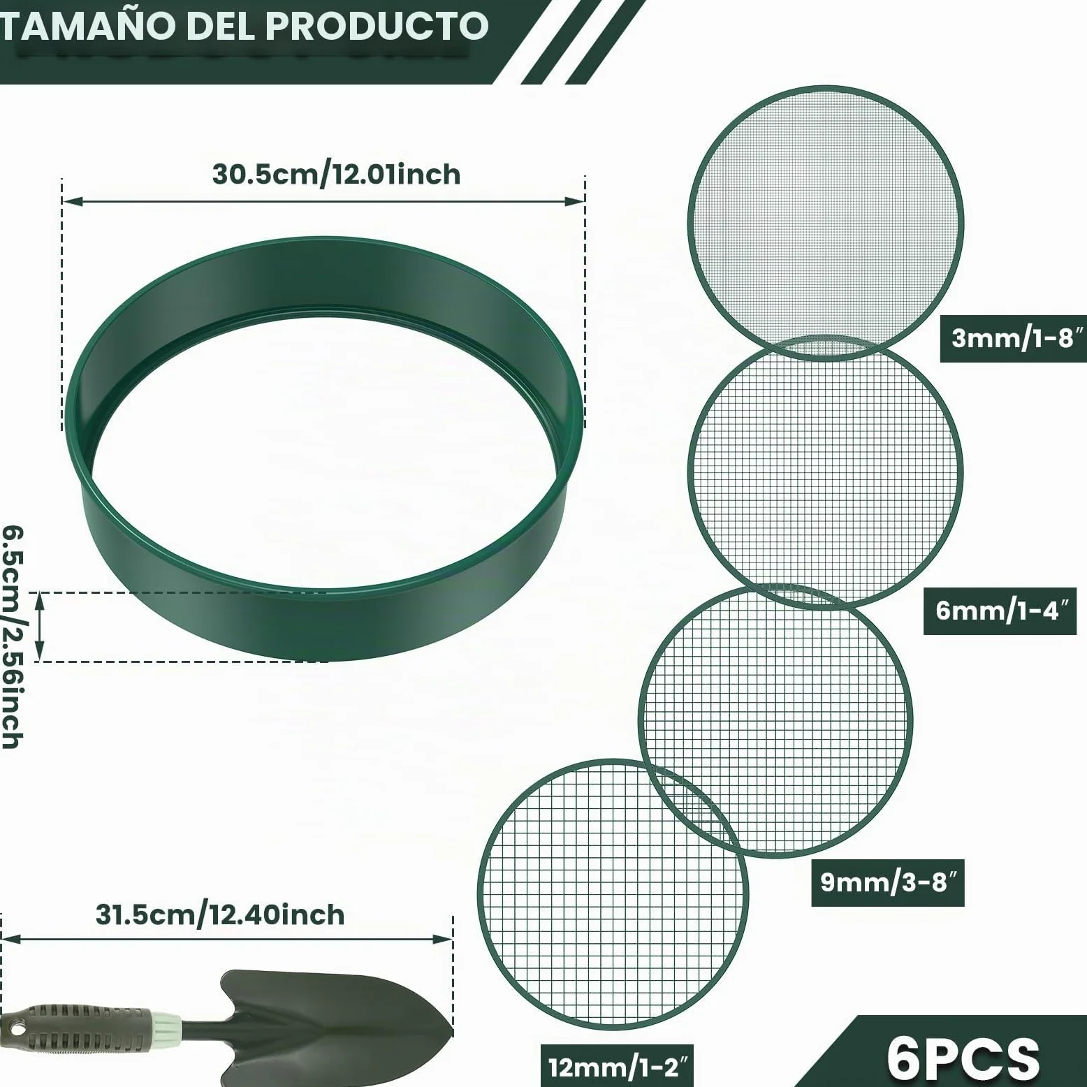 Tamiz de jardín redondo 4 en 1, 30 cm, acero inoxidable, con 4 tamices intercambiables y pala de jardín, tamiz para tierra, compost, semillas, arena
