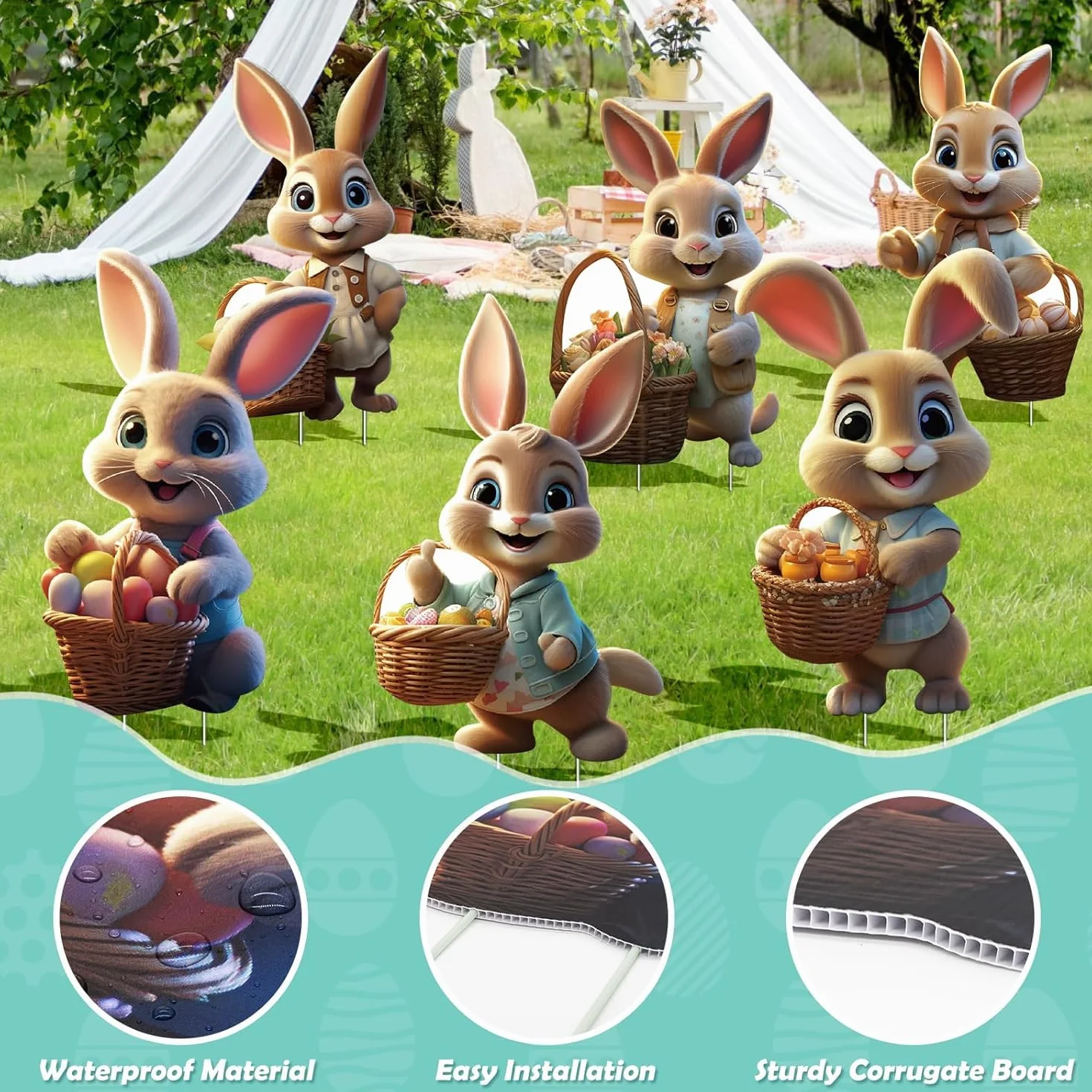 Señal decorativa de conejos de Pascua para jardín, carteles publicitarios 2D de Pascua, estacas para huevos de Pascua, letrero de granja para decoración de jardín, gran decoración de Pascua al aire