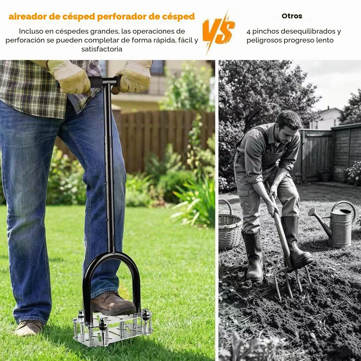Aireador de Césped con 14 Púas, Aireador Manual de Césped con Plataforma Antideslizante, Escarificador y Aireador para Suelo Compactado, Herramienta de Aireación para Césped, Jardín Cuidado del Pasto