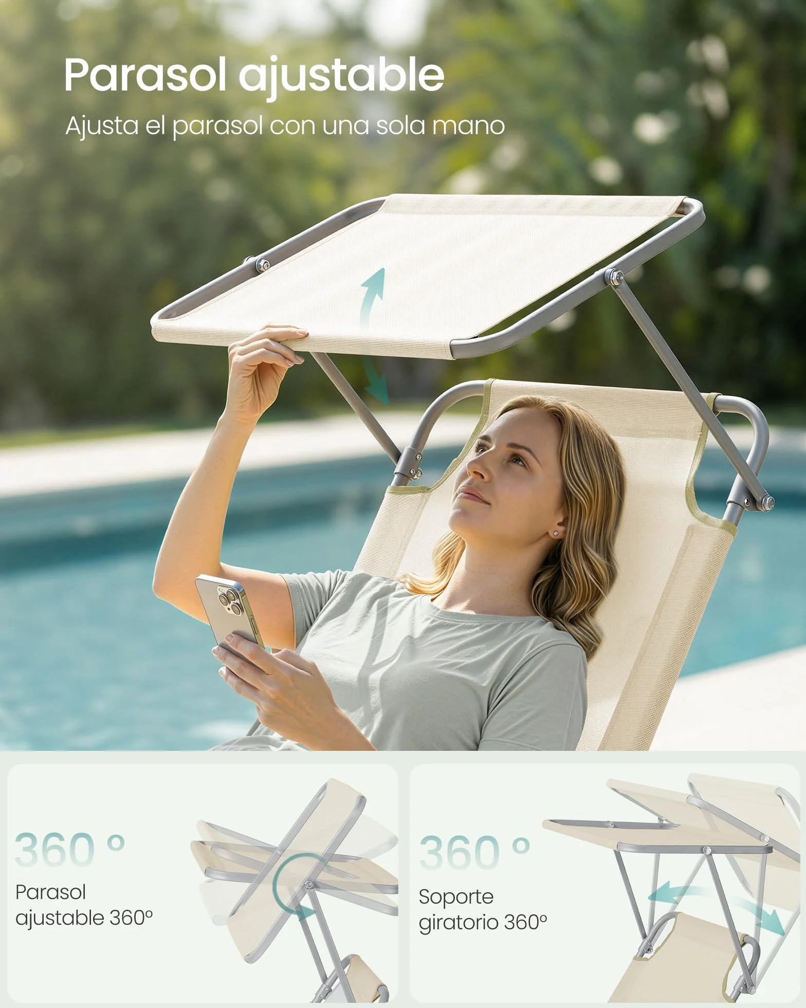 SONGMICS Tumbonas Plegables, 189 x 53 x 28,5 cm, Juego de 2 Tumbonas para Jardín, Cada Una con Carga 110 kg, con Parasol y Respaldo Ajustables, para Terraza y Balcón, Beige GCB294WZ02