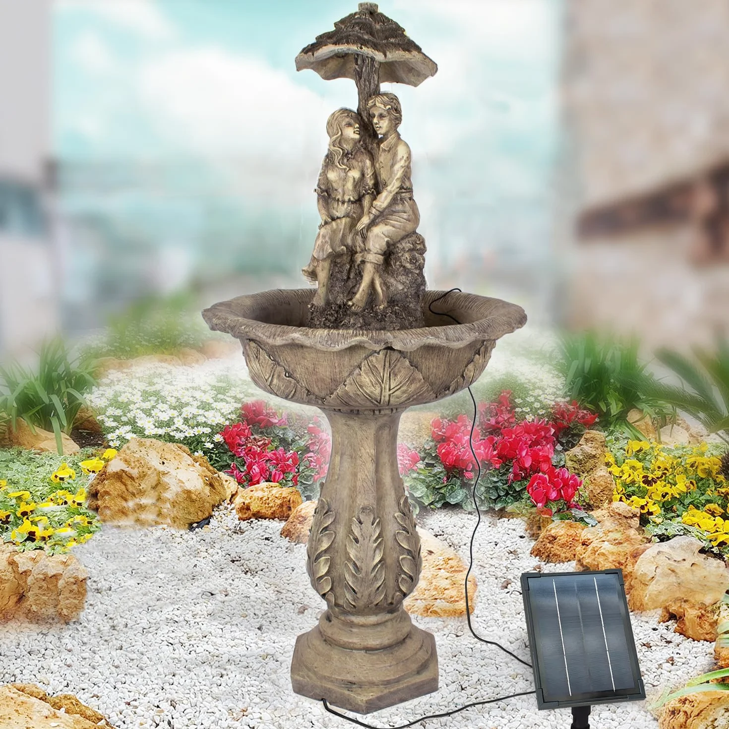 Fuente Solar para jardín, Fuente Solar, Cascada, lámpara de jardín, Bomba para Estanque, para terraza, balcón, con Bombas, con batería de Litio y luz LED