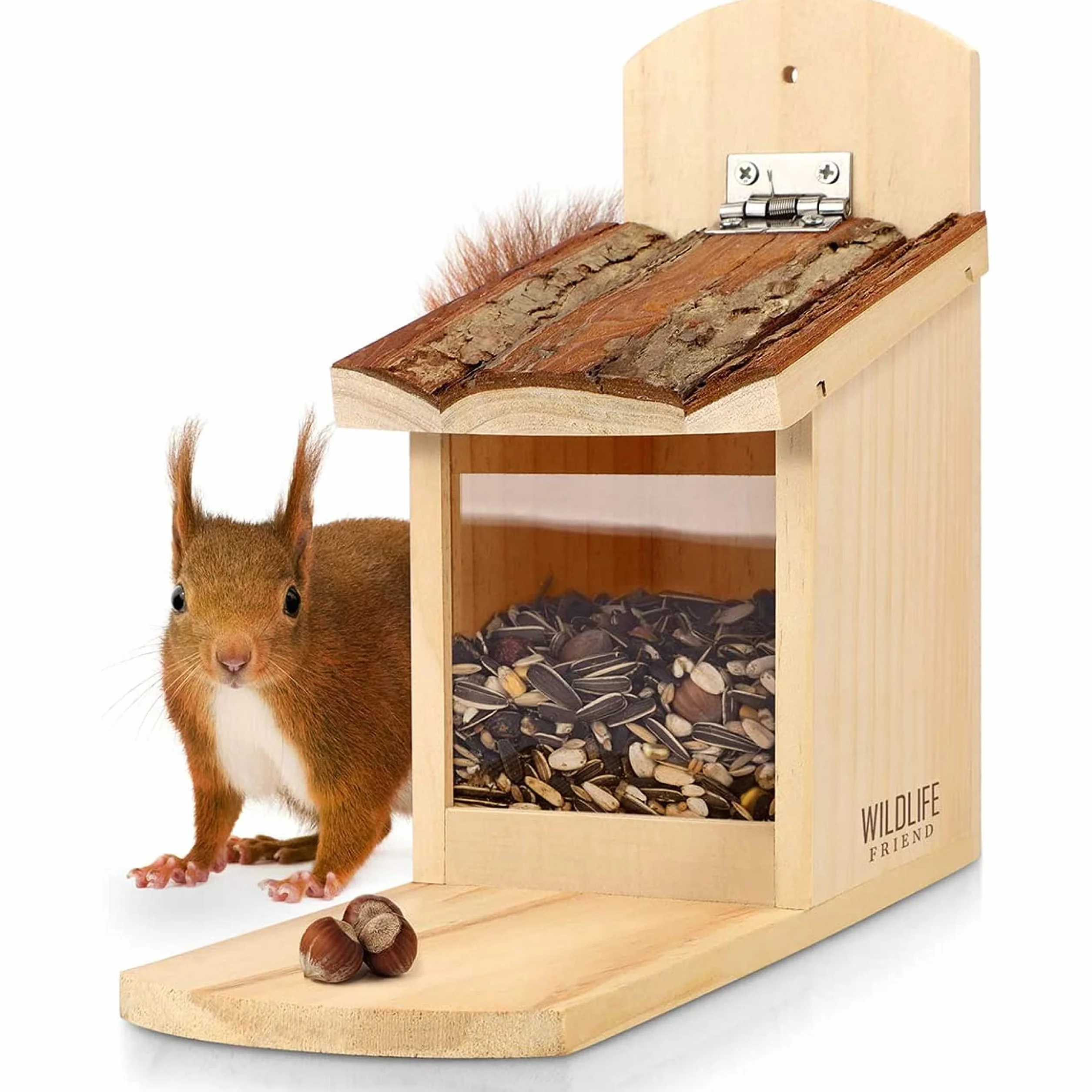 WILDLIFE FRIEND I Comedero para Ardillas - de Madera de Pino con Techo de Corteza - Estación de Alimentación, Alimentador de Ardilla