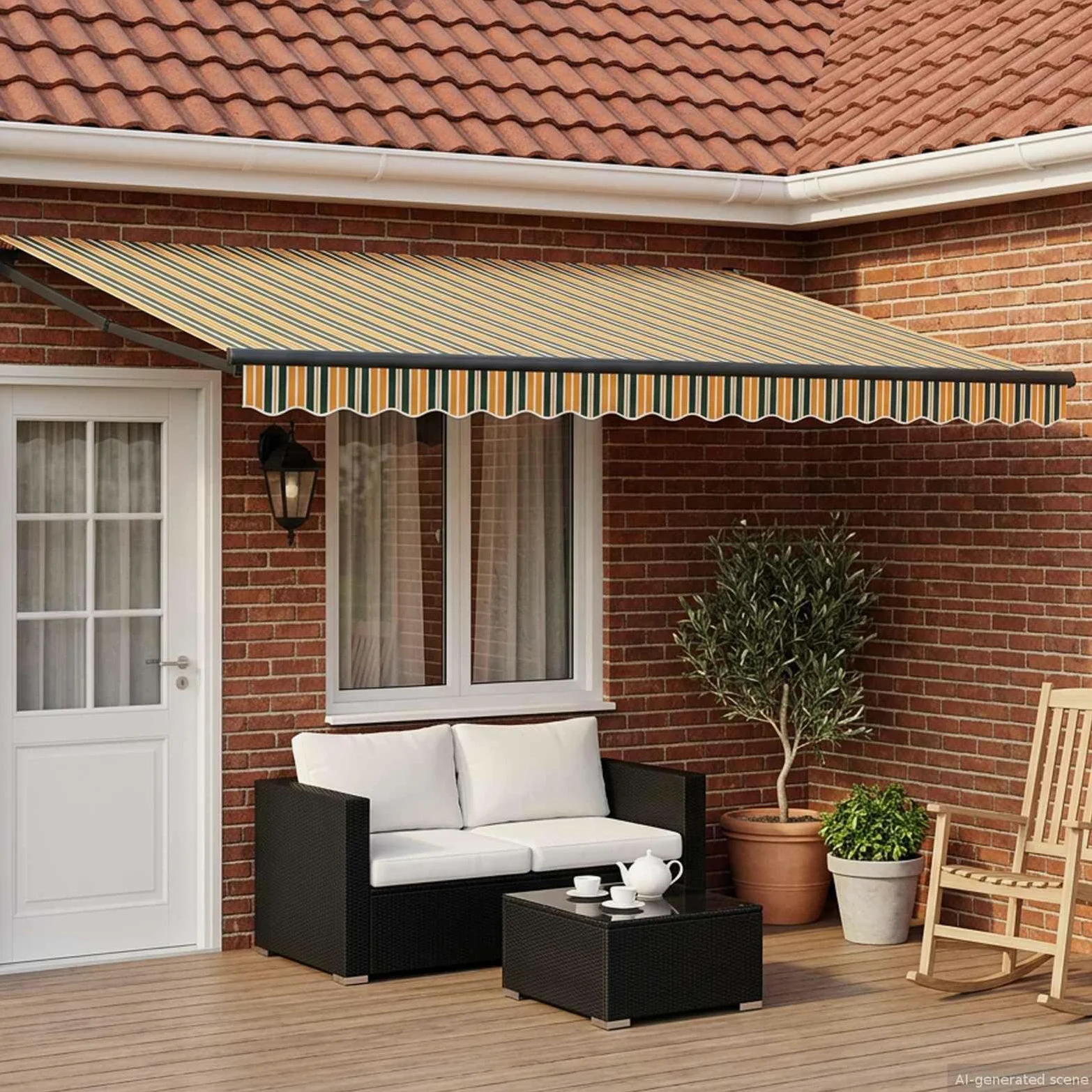 Toldo eléctrico extensible verde y amarillo 5 x 3 m con iluminación LED y sensor meteorológico, marco de aluminio, resistente a la intemperie, protección solar, cortavientos para jardín