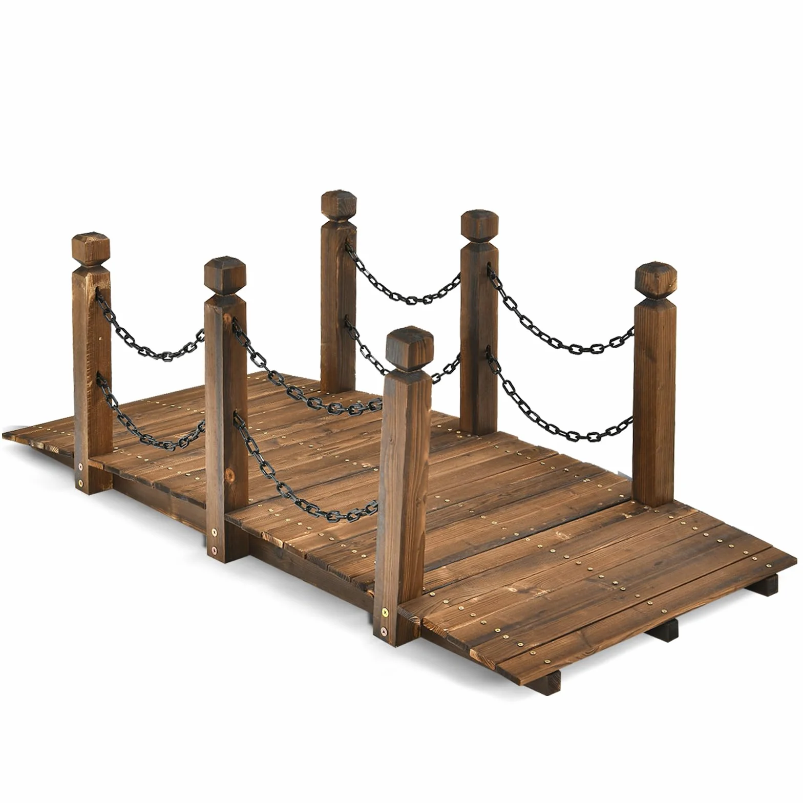 GOPLUS Puente de madera de abeto, 150 x 67 cm x 55 cm, puente para estanque soporta hasta 180 kg, puente de jardín con barandillas y cadenas, puente para jardín, parque, patio trasero
