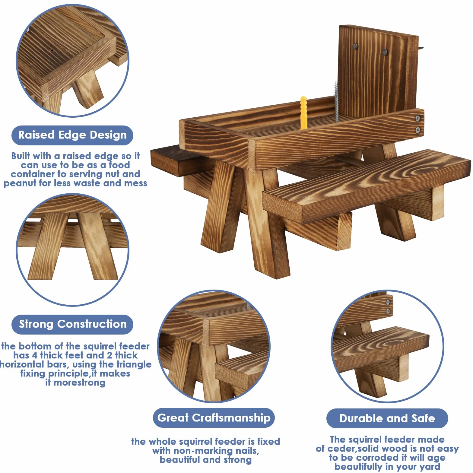 Comedero de ardillas de madera para exteriores, divertido mesa de alimentación para ardillas con un paraguas para jardín, patio, árbol