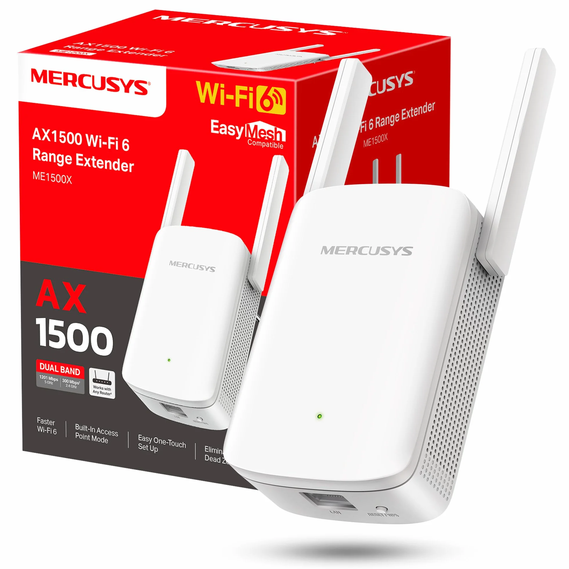 Mercusys ME1500X Wi-Fi 6 Repetidor de Doble Banda 1201 Mbps 5 GHz 300 Mbps 2,4 GHz Puerto Gigabit
