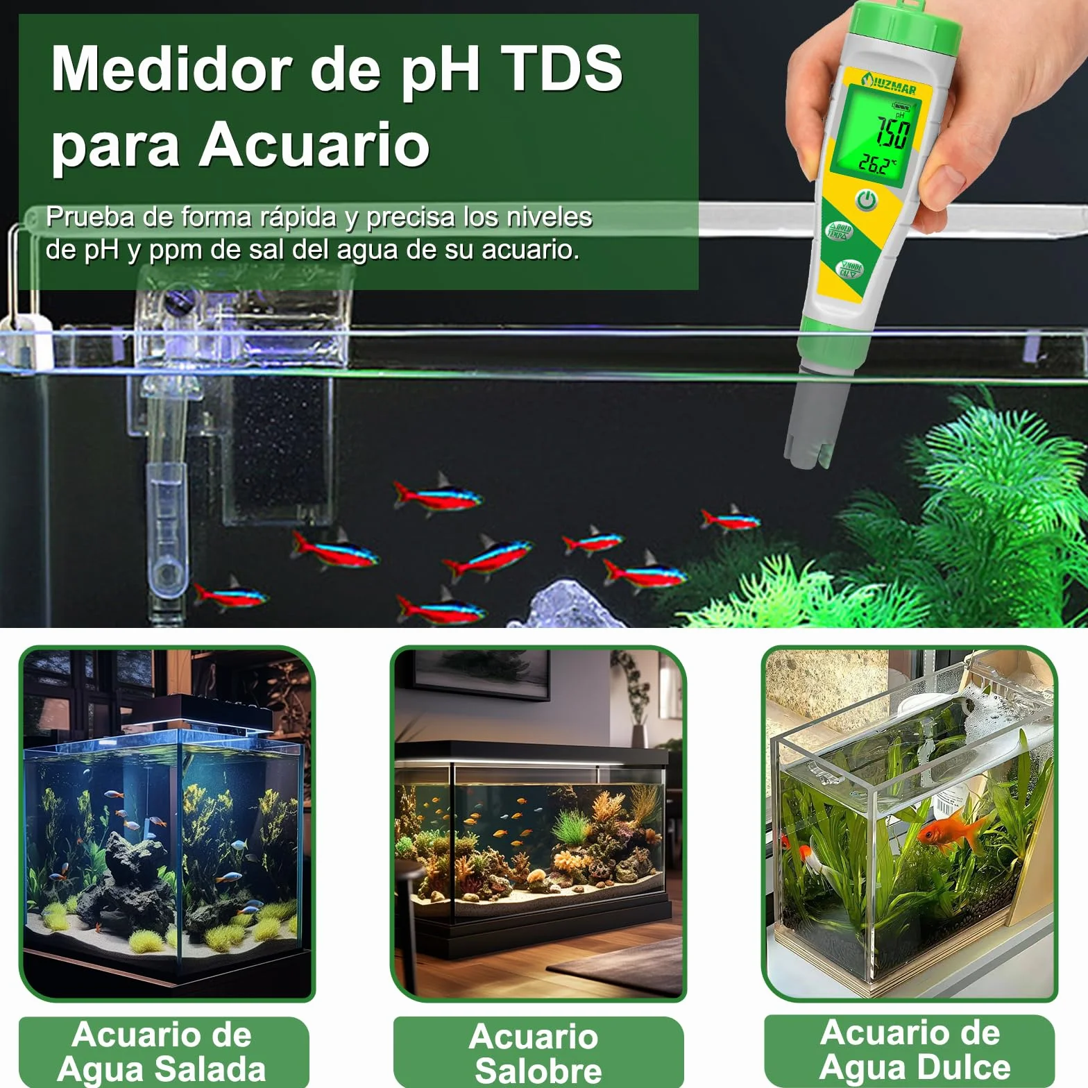 UIUZMAR Medidor de pH y Sal Piscina Salina, Test de Salinidad para Piscinas, Pantalla Digital 5 en 1, Medidor de pH TDS EC Salinidad Temperatura Para Piscina, Hidropónico, Acuario, Agua Potable, Spa