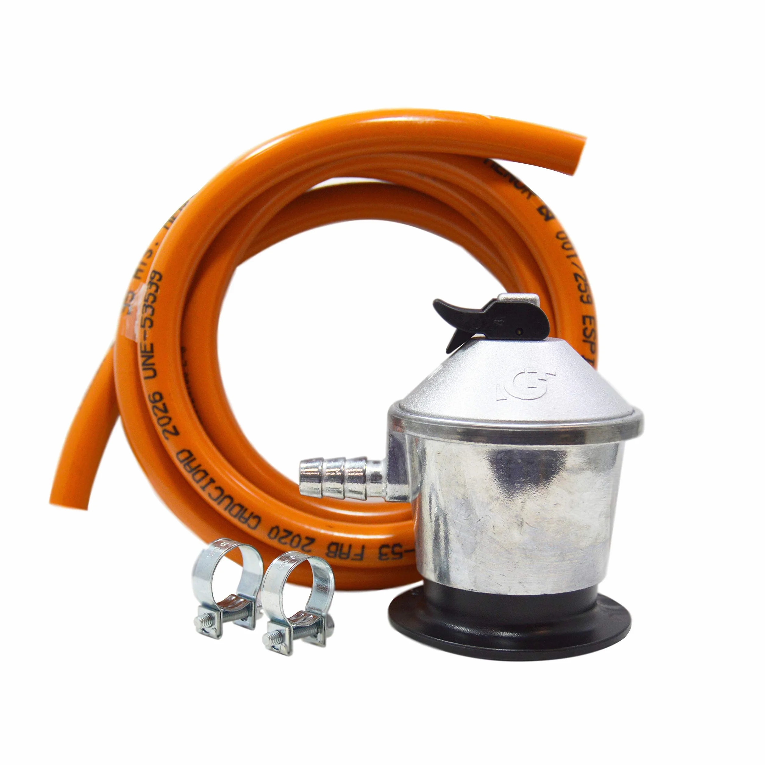 S&M 321771 - Kit completo butano: Regulador de gas butano + Tubo Goma 1,5 metros + 2 abrazaderas de seguridad | Homologado para España | Apto para cocinas, estufas, calderas y barbacoas
