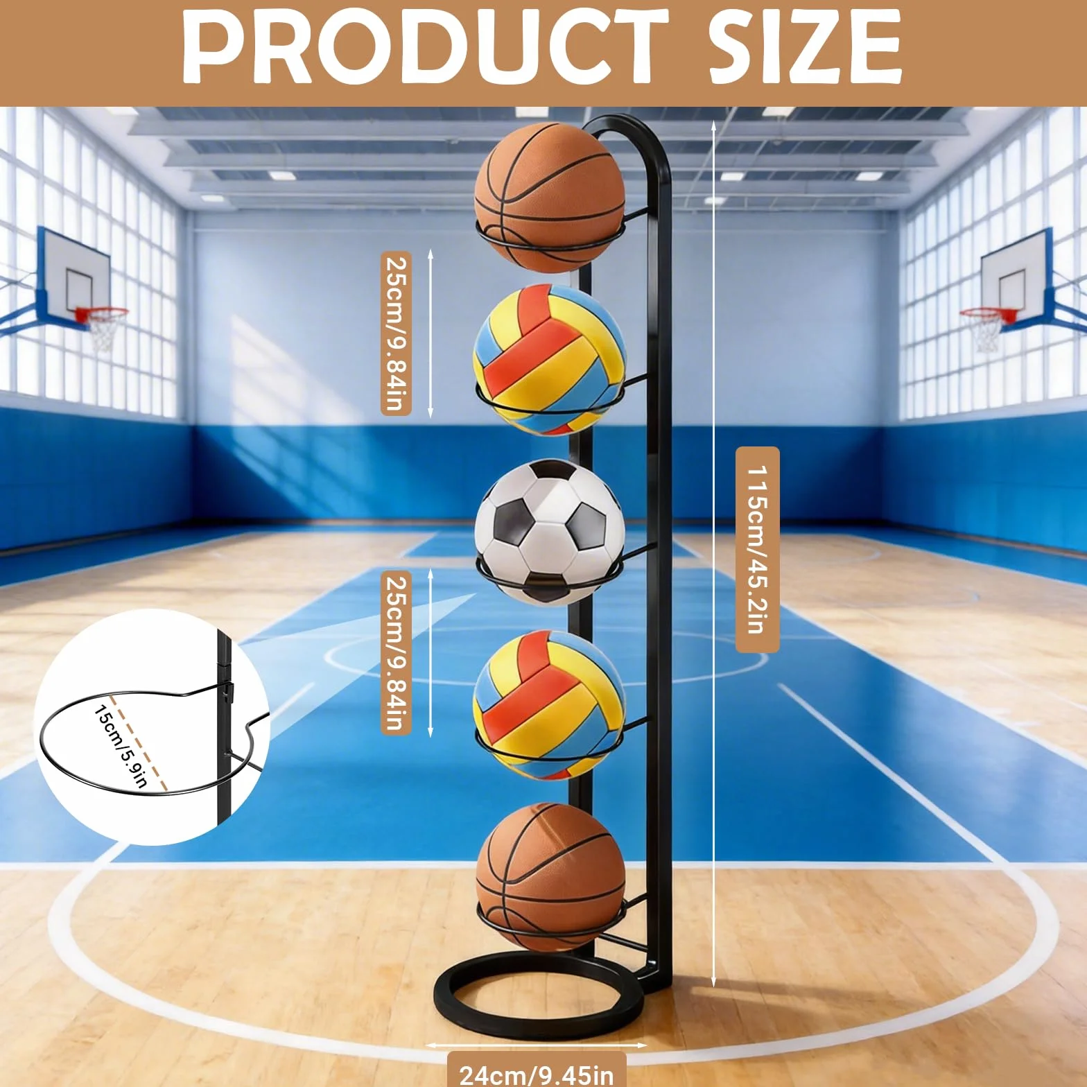 Estante Vertical de Metal 5 Niveles, Soporte Extraíble Compacto para Almacenaje de Pelotas Baloncesto Fútbol Voleibol