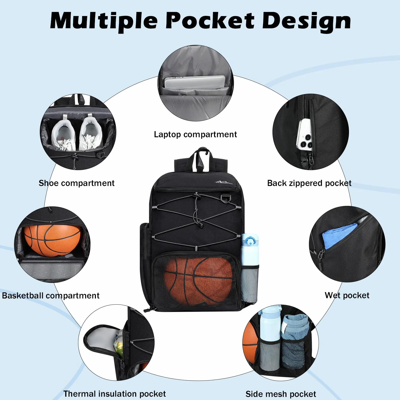 MoKo Mochila de Baloncesto Transpirable con Bolsa para Zapatillas, Múltiples Bolsillos, Gancho Oculto, Puerto de Carga, Negro