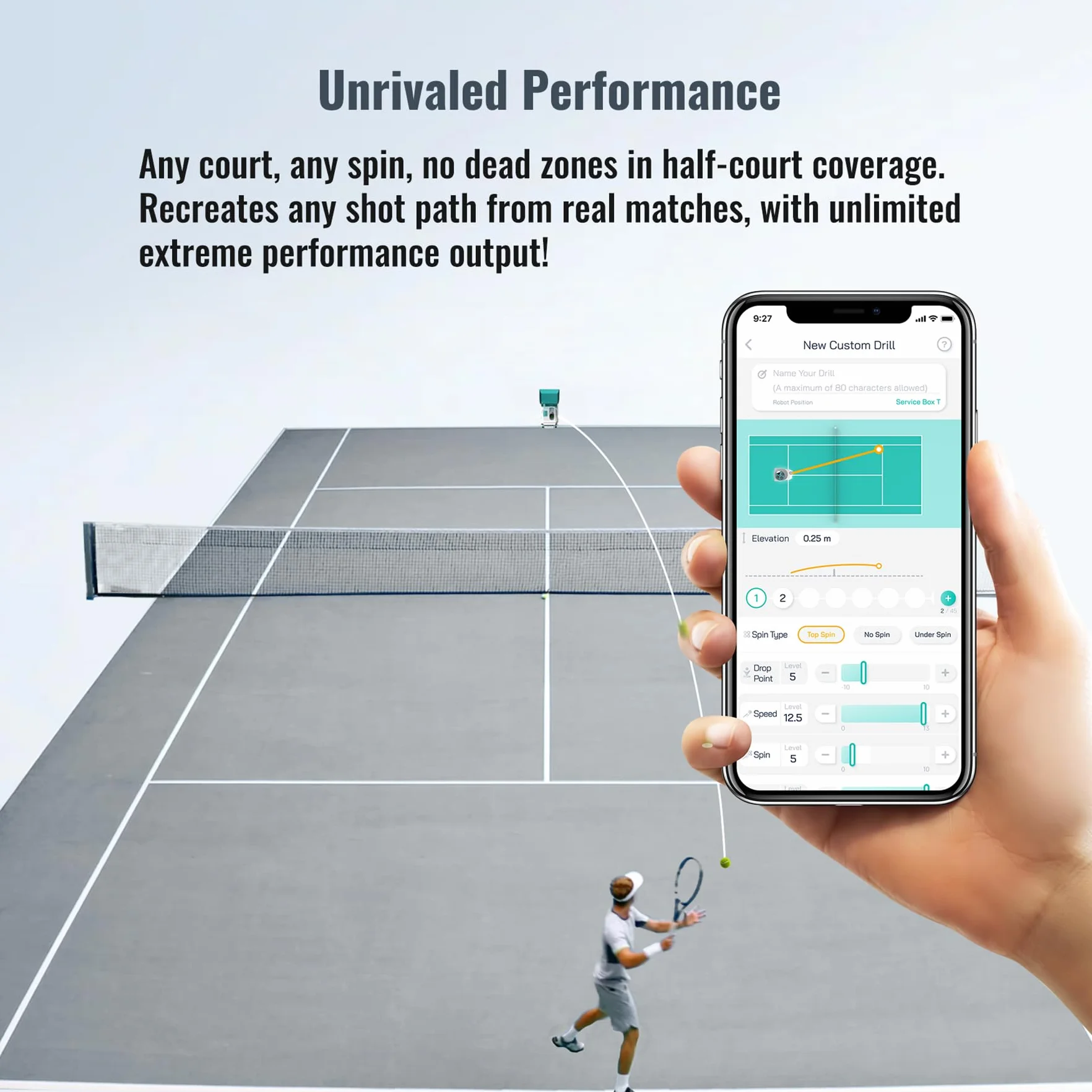 PONGBOT Máquina de Pelotas de Tenis, Control Remoto, Capacidad 150 Pelotas, 80 mph, Motor Dual, Topspin y Backspin