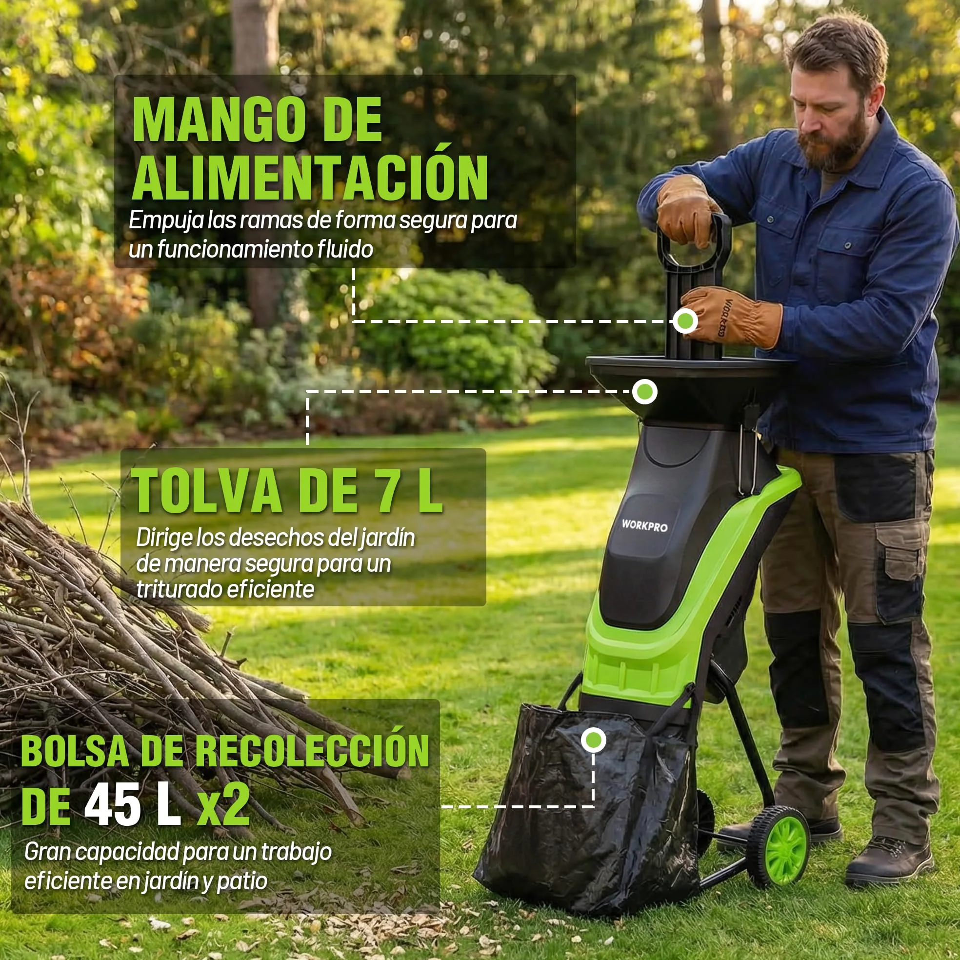 WORKPRO Trituradora de Jardin Eléctrica Cuchillas 2500W con Tijeras de Podar, Biotrituradora de Ramas Ø44 mm, 4300 RPM, Trituradora de Hojas con 2 Bolsas de 45 L, Trituradora para Residuos de Jardín