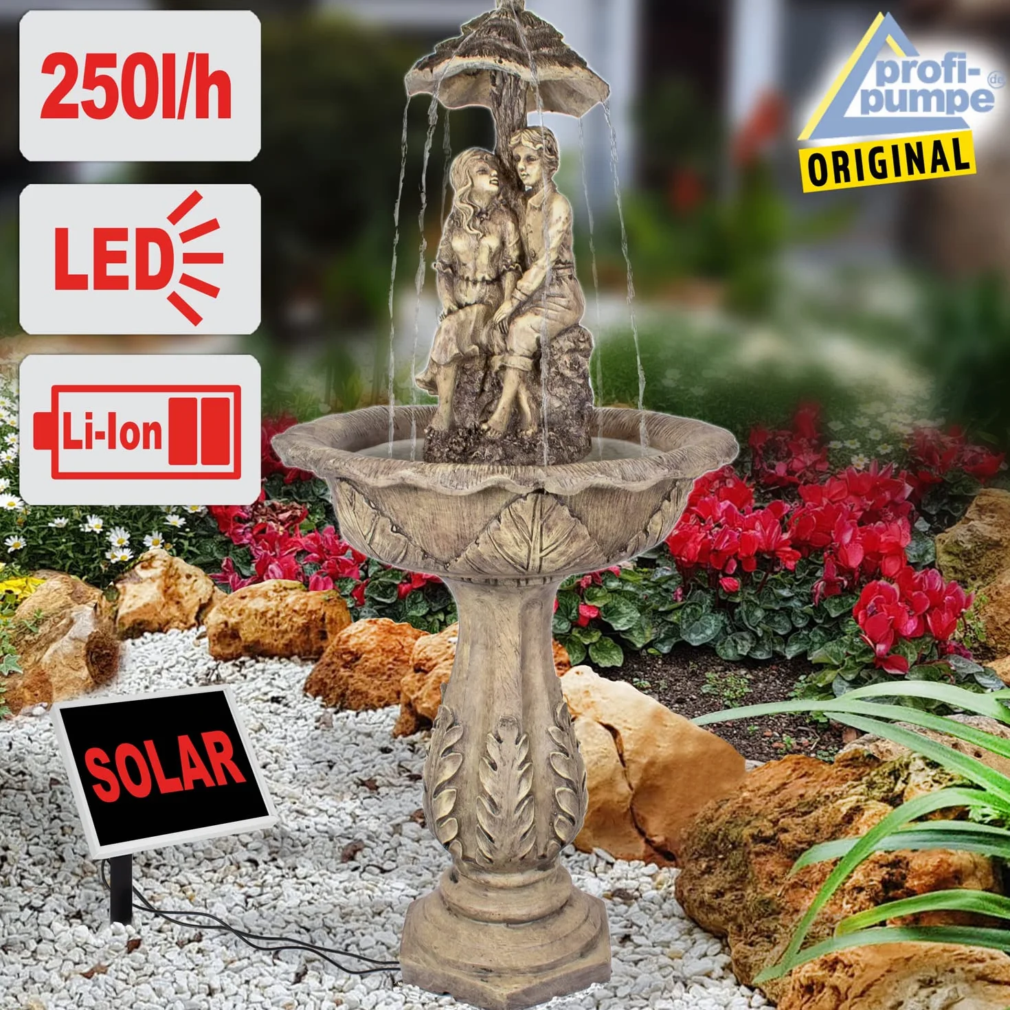 Fuente Solar Fuente Jardin con Forma de Cascada para terraza, balcón, con función de Encendido instantáneo con batería de Iones de Litio y luz LED, Batería de Ion de Litio