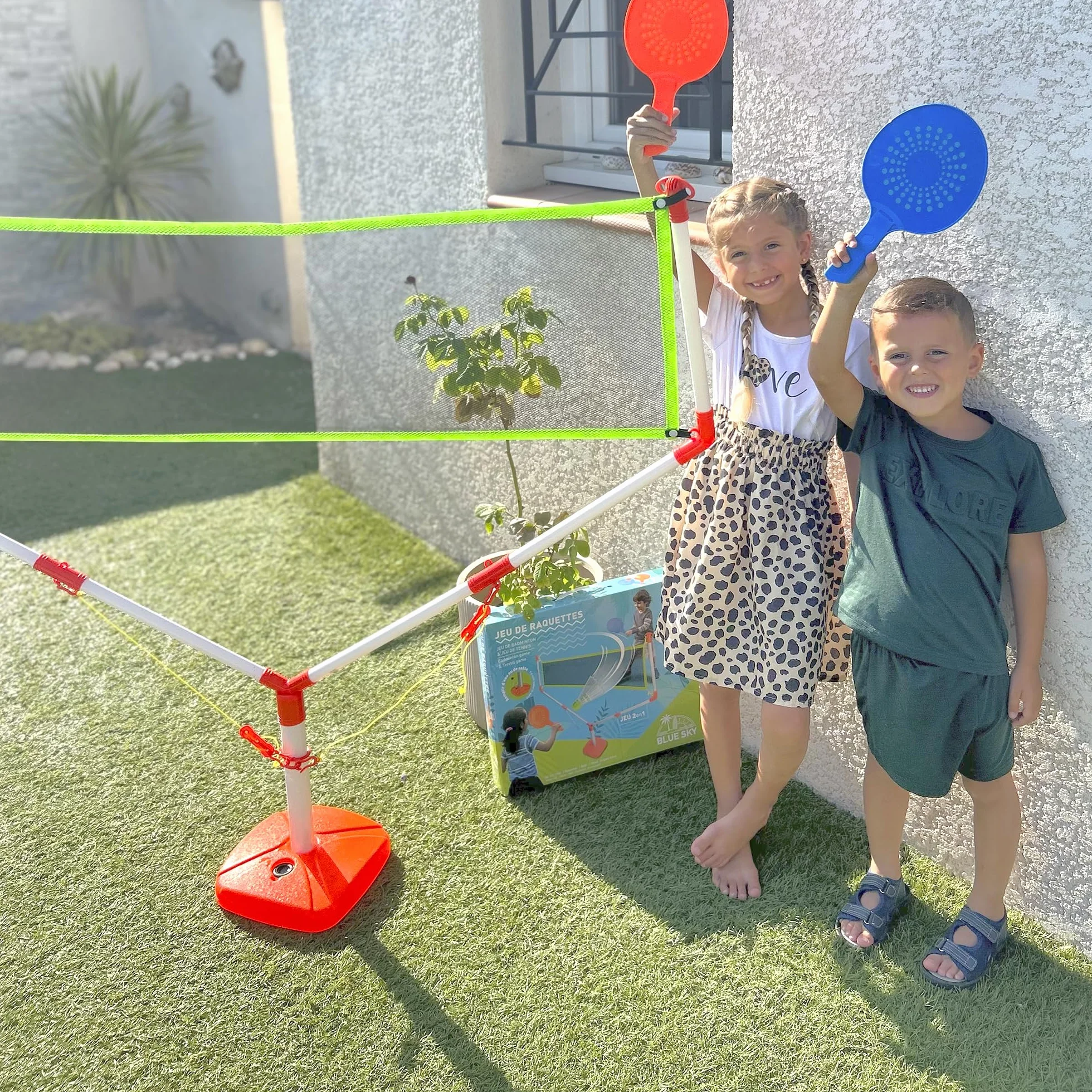 Juego de Raquetas 2 en 1 de Bádminton y Tenis al Aire Libre Multicolor 144 cm x 118 cm para Niños