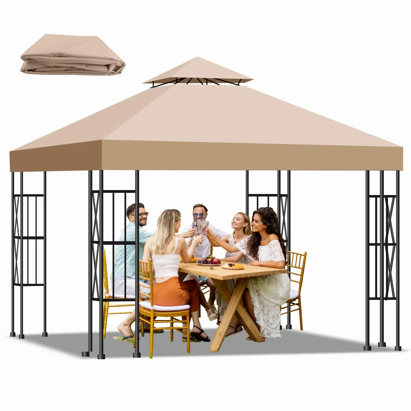 Toldo Recambio Pergola 3x3 m, Techo de Repuesto con Ventilación para Cenador de Jardín, Cubierta Amovible Lona Impermeable con Protección UV para Barbacoa, Bodas, Fiestas y Camping(Caqui)