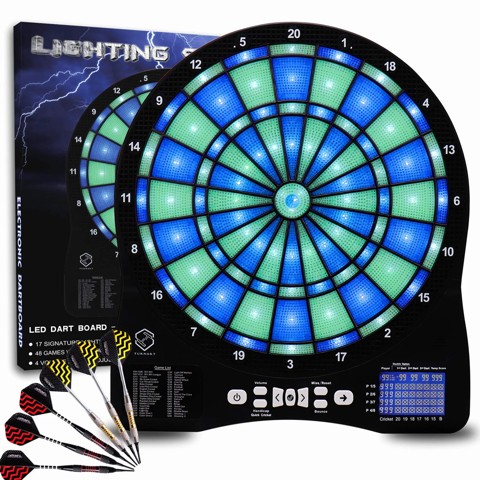 Diana Electrónica Profesional Turnart 6 Dardos Juego Digital 48 Juegos 500 Variantes (Verde)