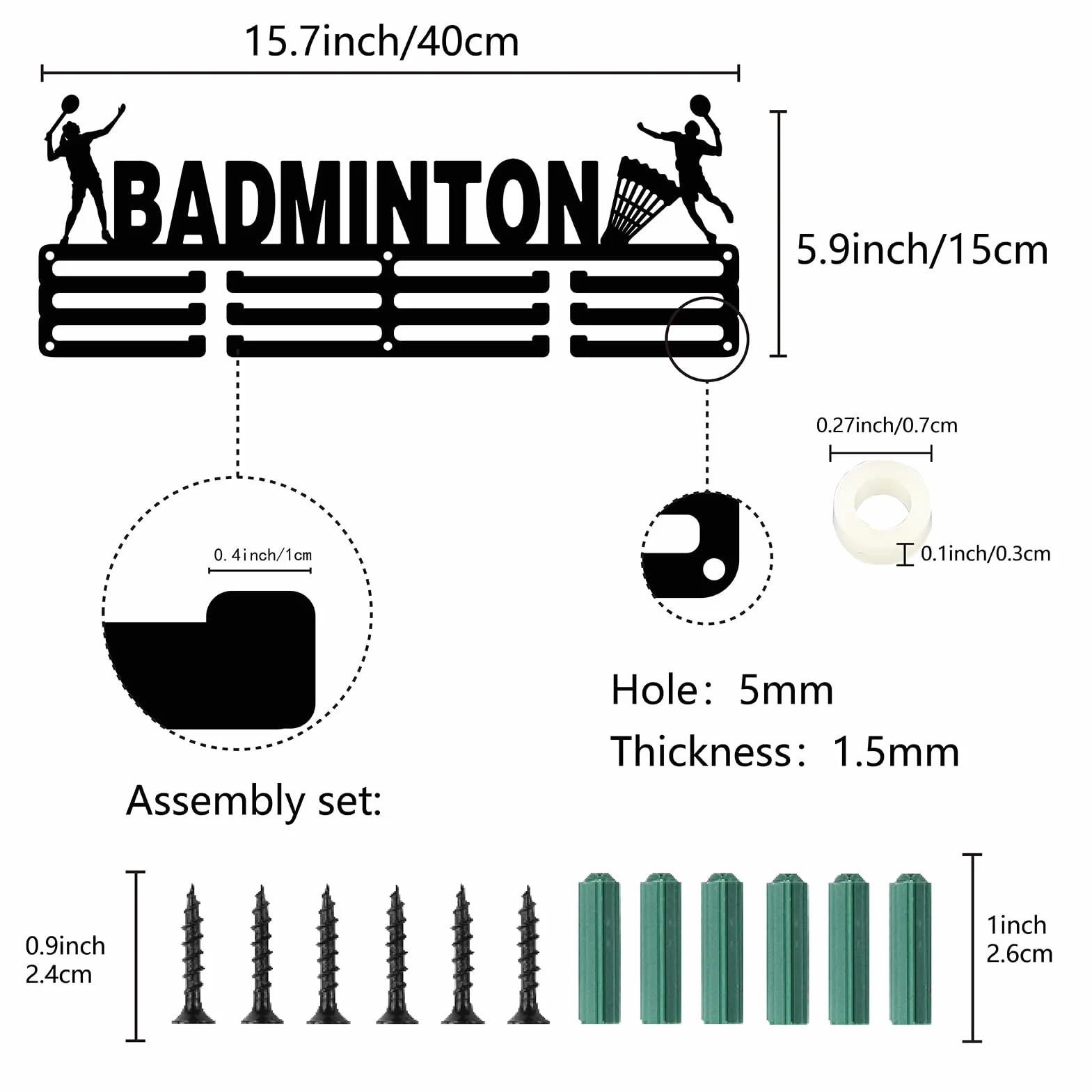 CREATCABIN Soporte para Medallas de Bádminton, Colgador Deportivo, Estante de Hierro Negro 40x15 cm