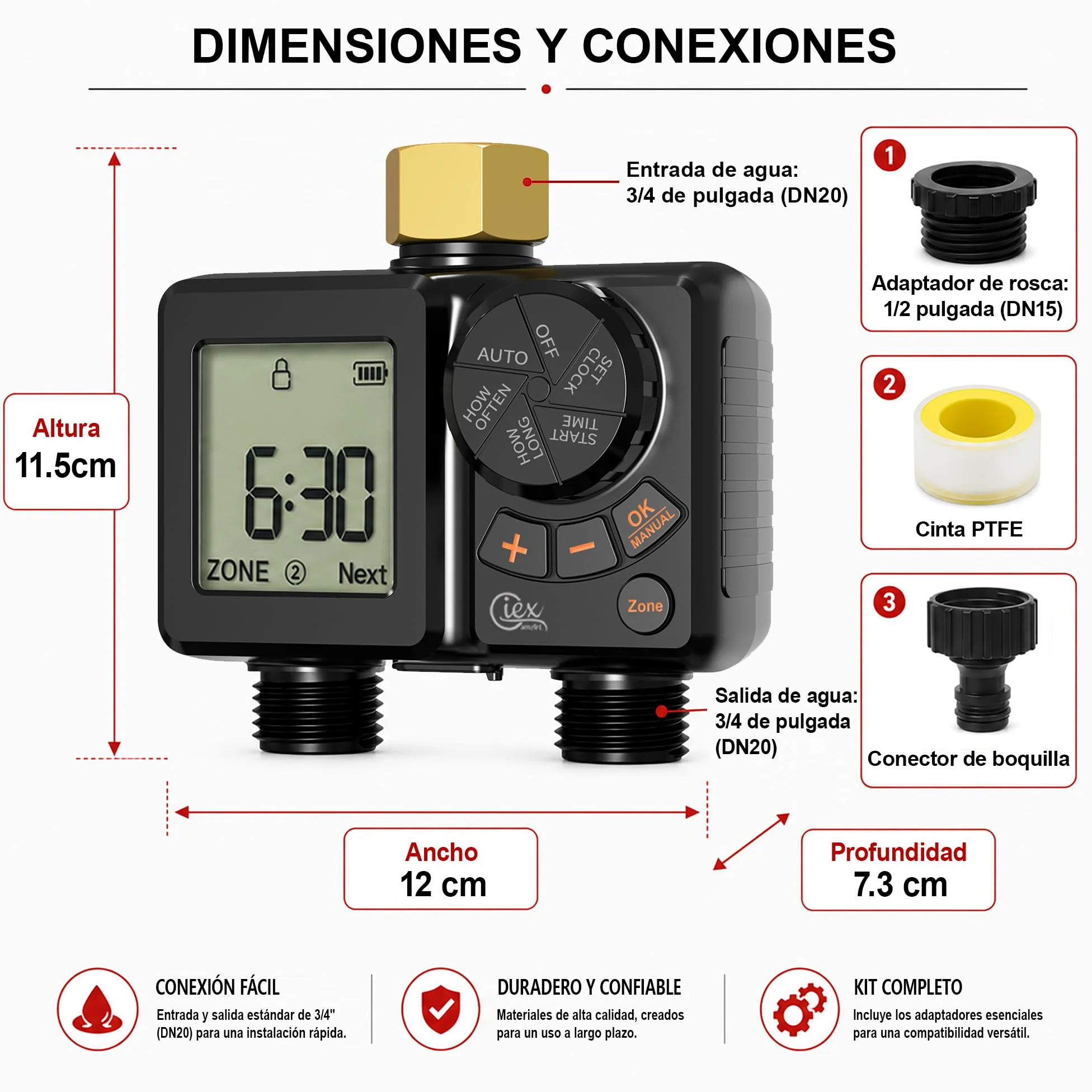 GIEX - Ordenador de riego de 2 vías, temporizador de riego recargable, 2 zonas con conexión de latón, temporizador de agua programable con IP66, retardo de lluvia y riego manual para jardín, césped