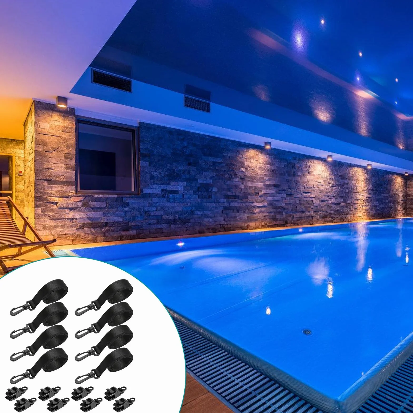 BORDEAG 8 unidades de enrolladores de piscina, bandas de sujeción para láminas solares, correas tensoras con trinquete, cintas de fijación, para cubiertas de lona de piscina, color negro