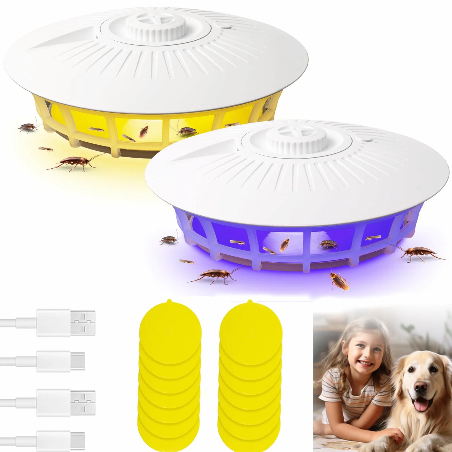 Pulgas Eliminar Casa, 2PCS Lámpara Antipulgas con 14Almohadillas Adhesivas, 4 Modos de luz Trampa Mata Pulgas Hogar, Trampa para Pulgas para La Sala de Estar, Cocina, Dormitorio