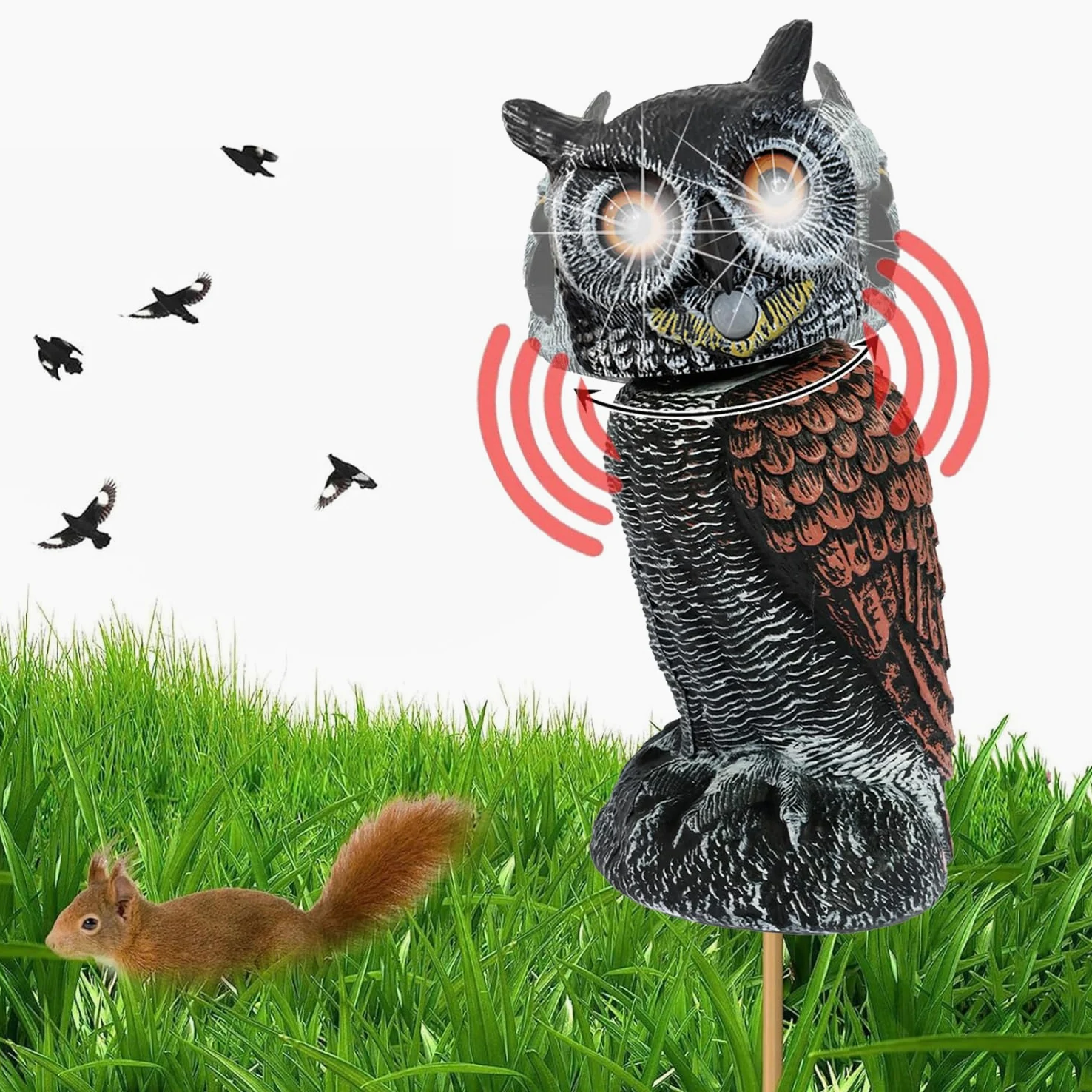 Buho Espantapajaros Solar, Buho Ahuyentador Palomas con Sonido, 43cm Alto | Buhos Espantapajaros Gira Cabeza, Figura Señuelo Búhos Decorativos Grandes para terraza balcon tejado huerto arbol