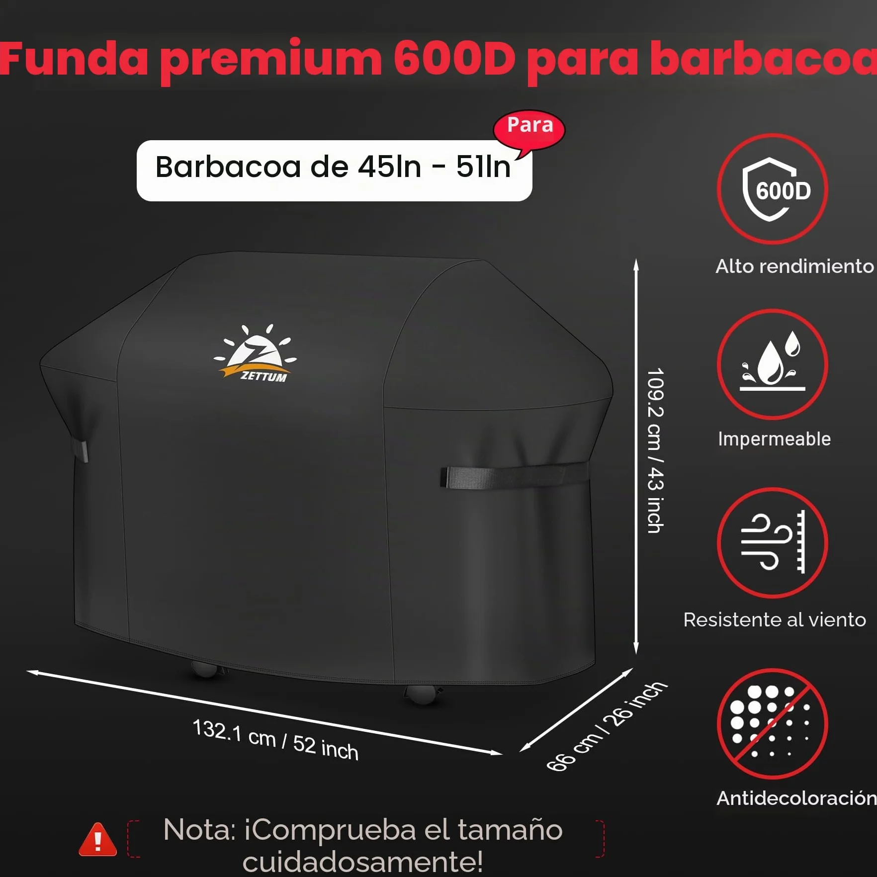 Zettum Funda para Barbacoa de 132 cm - 7106 para Weber Spirit Serie 300, Resistente e Impermeable, Cubierta de Poliuretano para Weber Spirit E310, Sprit E315, E330 y Spirit II E310 (132x66x109cm)