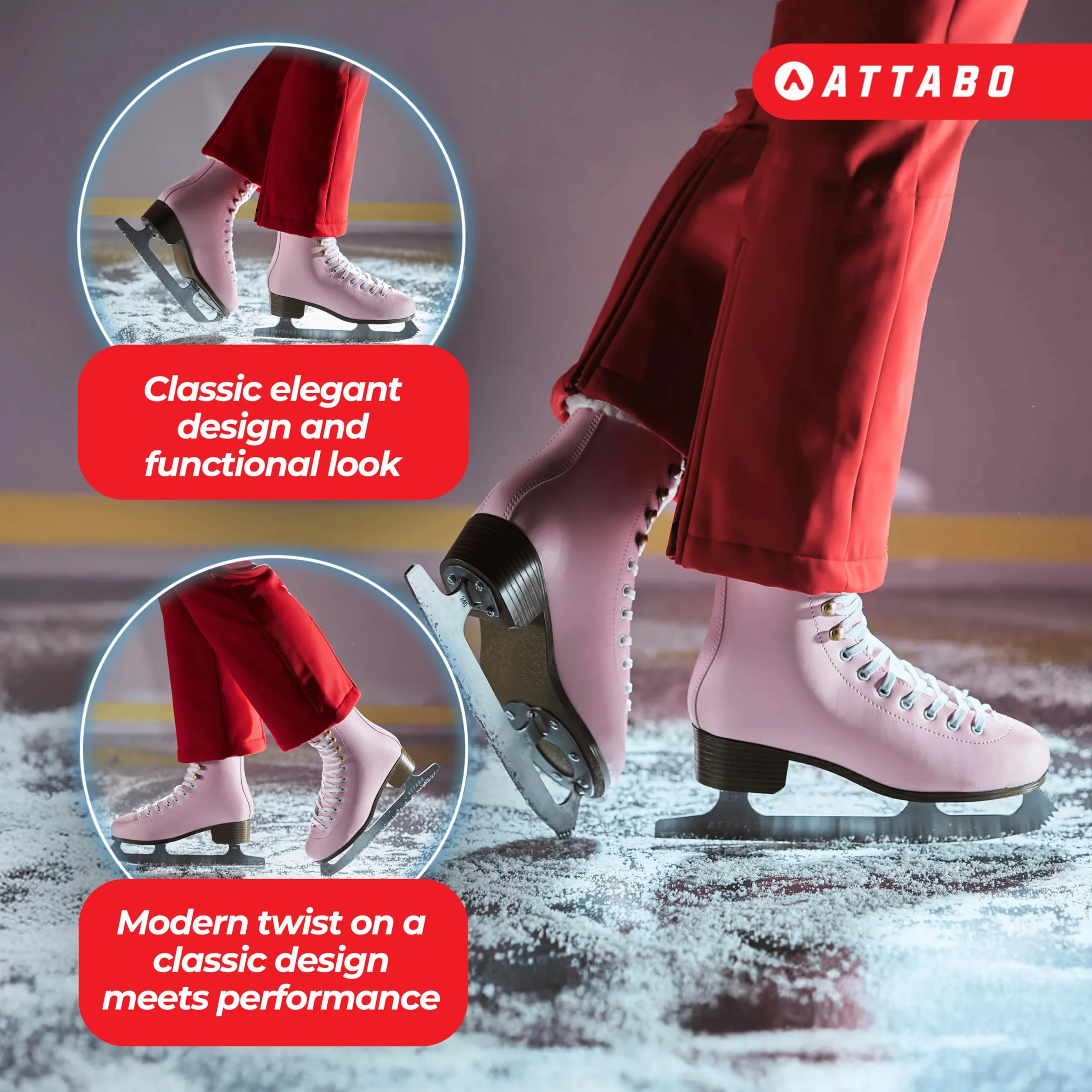 ATTABO Patines Artísticos para Mujeres Isla 37-41 EU Cuchilla Acero INOX PVC Soporte Tobillo Reforzado Negro Rosa