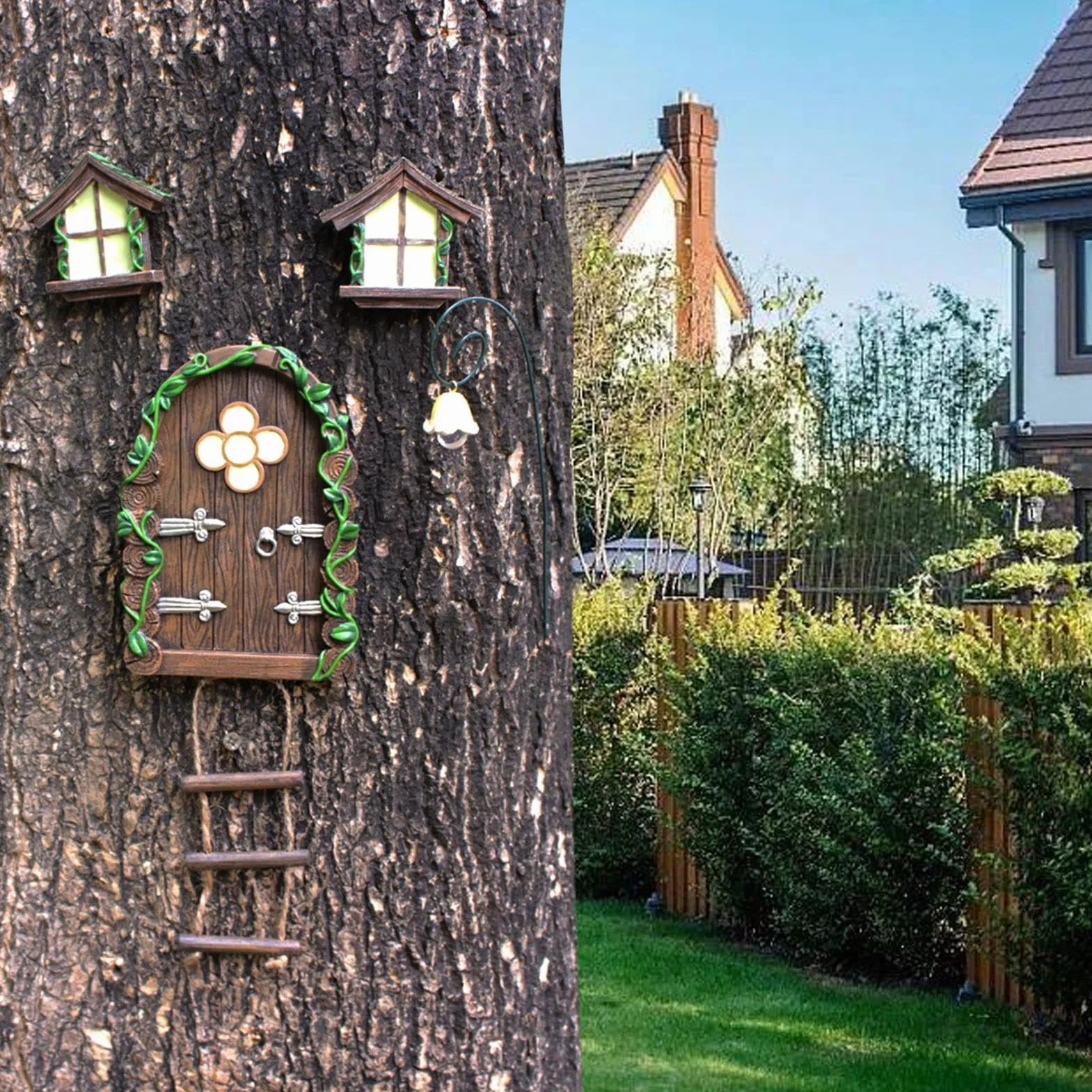 Casas de Hadas para niños, casa de Hadas de gnomo, Ventana y Puerta para árboles, Accesorios de jardín en Miniatura, diseño de jardín Encantado al Aire Libre, decoración de Adorno de césped