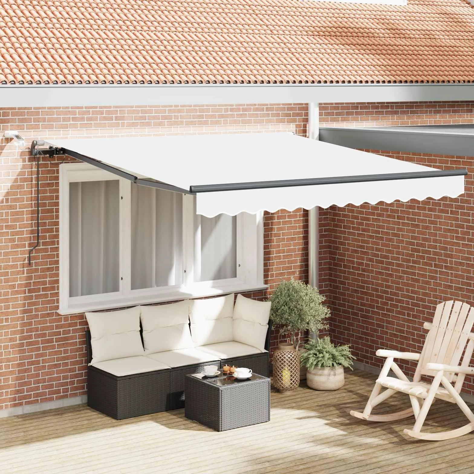 Toldo eléctrico con brazo articulado, 300 x 250 cm, color blanco, toldo motorizado de poliéster, con mando a distancia y sensor de viento, toldo retráctil para balcón, terraza y jardín