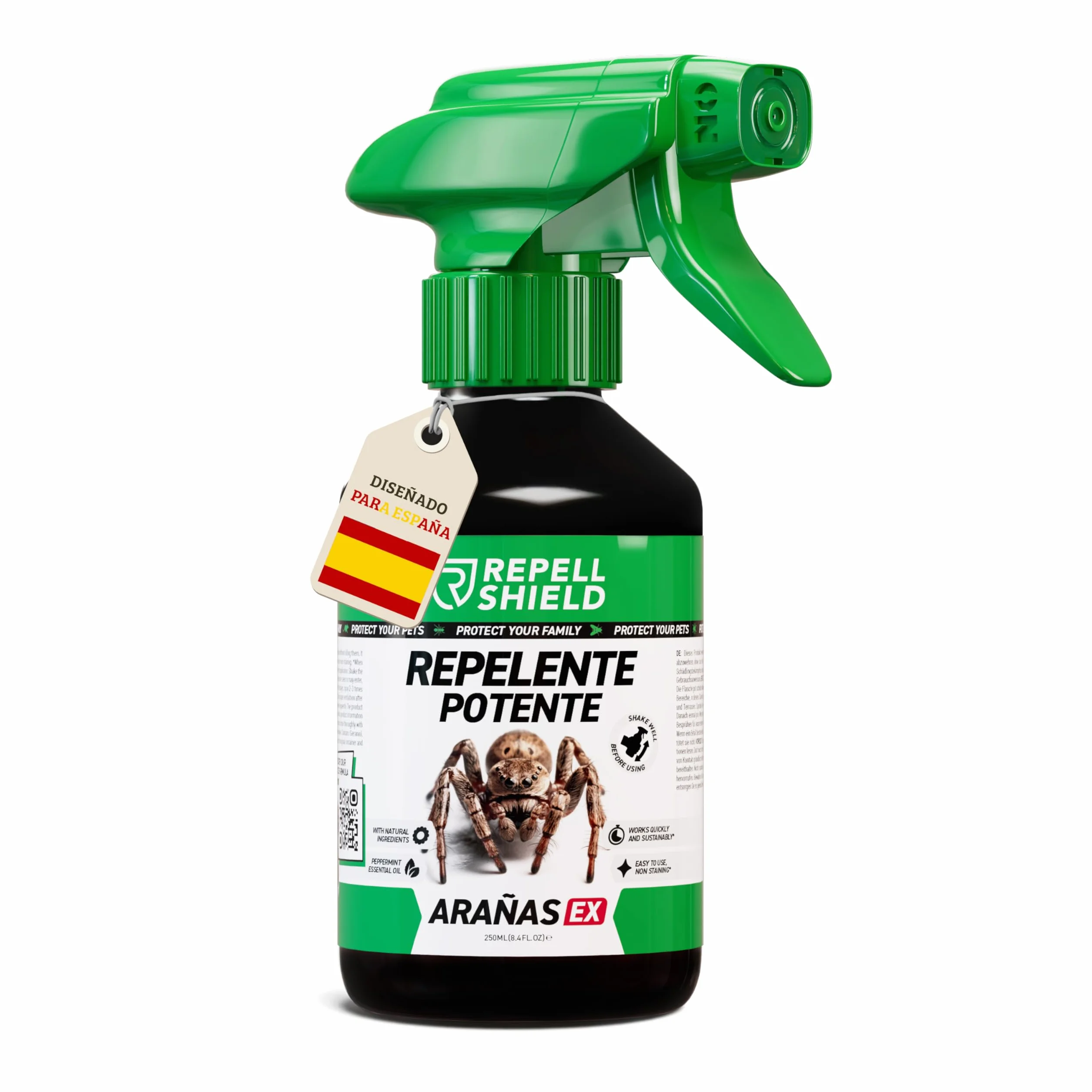 RepellShield® Spray Repelente Arañas Natural -250ml- Anti Arañas Casa con Geraniol y Aceite Esencial de Menta - Uso Interior y Exterior - Seguro para Hogar, Mascotas, Jardín - Fácil de Usar, No Mancha