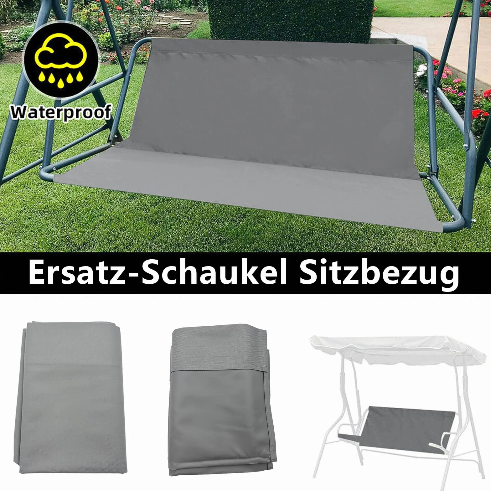 Funda de repuesto para columpio de jardín, funda de repuesto para silla de jardín, tejido Oxford 900D, resistente al agua, resistente a desgarros, para columpio de 2 y 3 plazas (gris, 138 x 50 x 50 cm