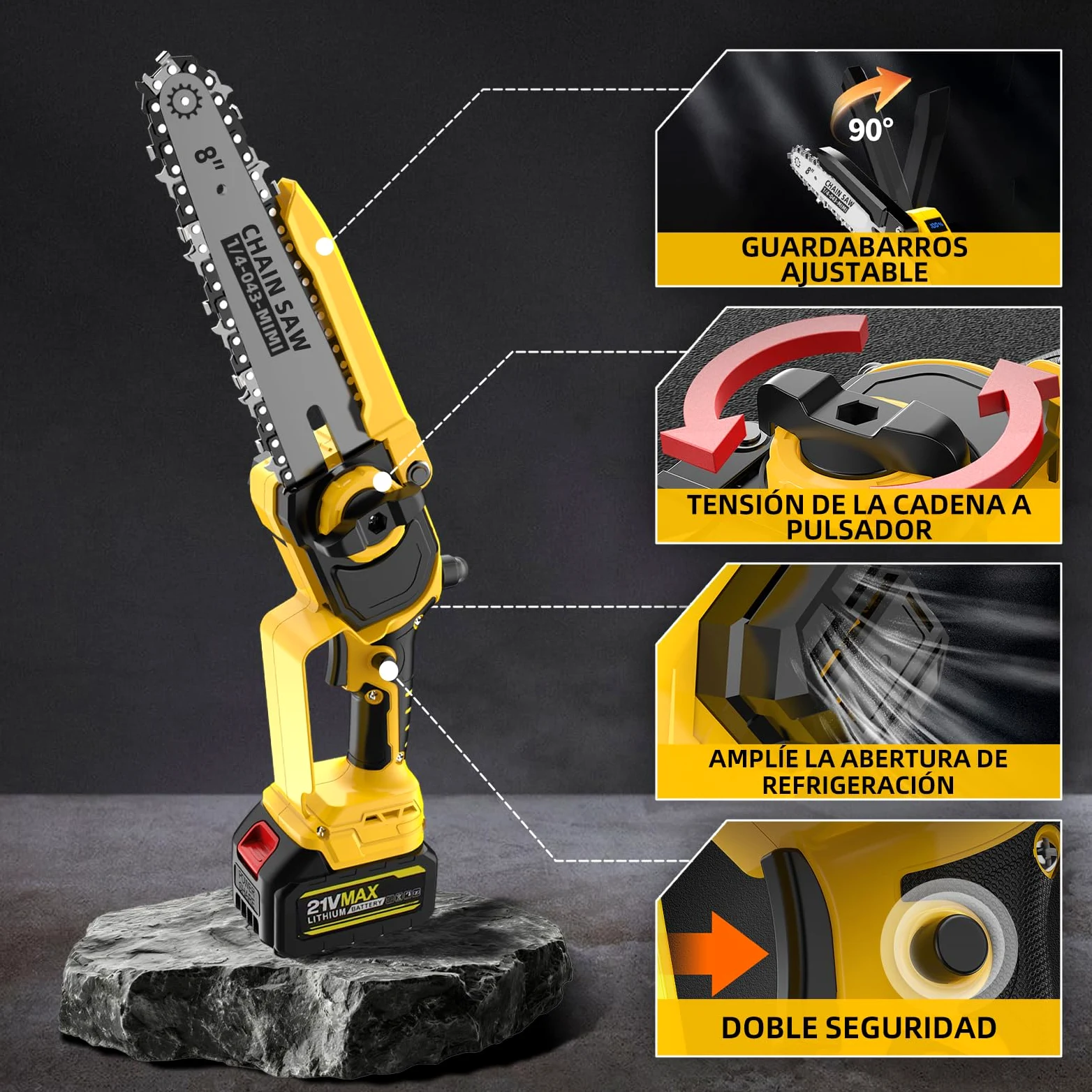 Mini motosierra inalámbrica 8" y 6", engrase automático, cadena repuesto, motor brushless 1200W, 2 baterías 4000mAh – Poda, jardín y corte madera