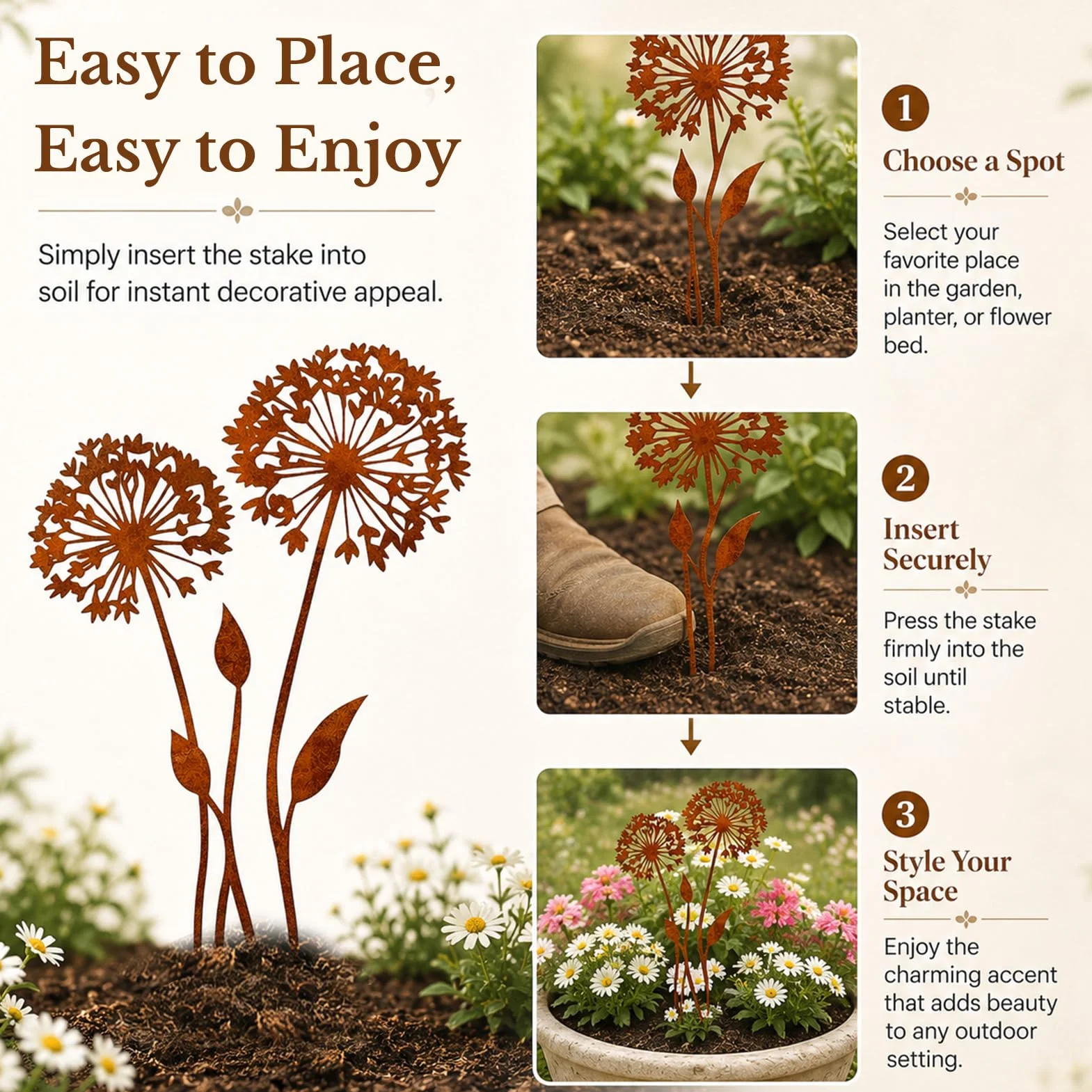 Juego de estacas de jardín de Metal Oxidado, estacas Decorativas de Diente de león, estacas de Flores de Primavera, decoración de jardín Exterior Resistente a la Intemperie