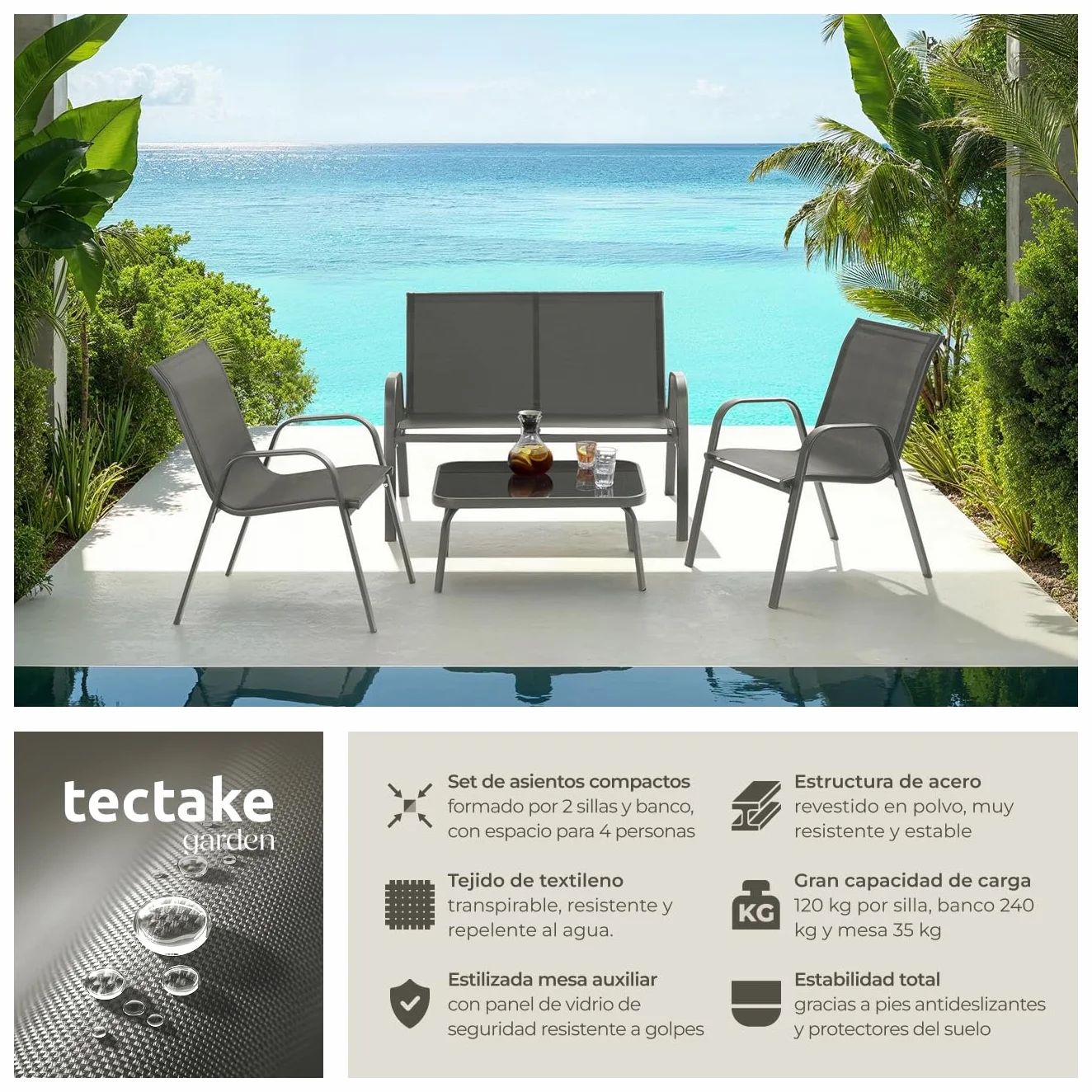 tectake® Conjunto Jardin Exterior para 4 Personas, Muebles Jardin Exterior con Estructura de Acero, Mesa con Vidrio de Seguridad, Muebles Terraza y Sofa Terraza - Antracita