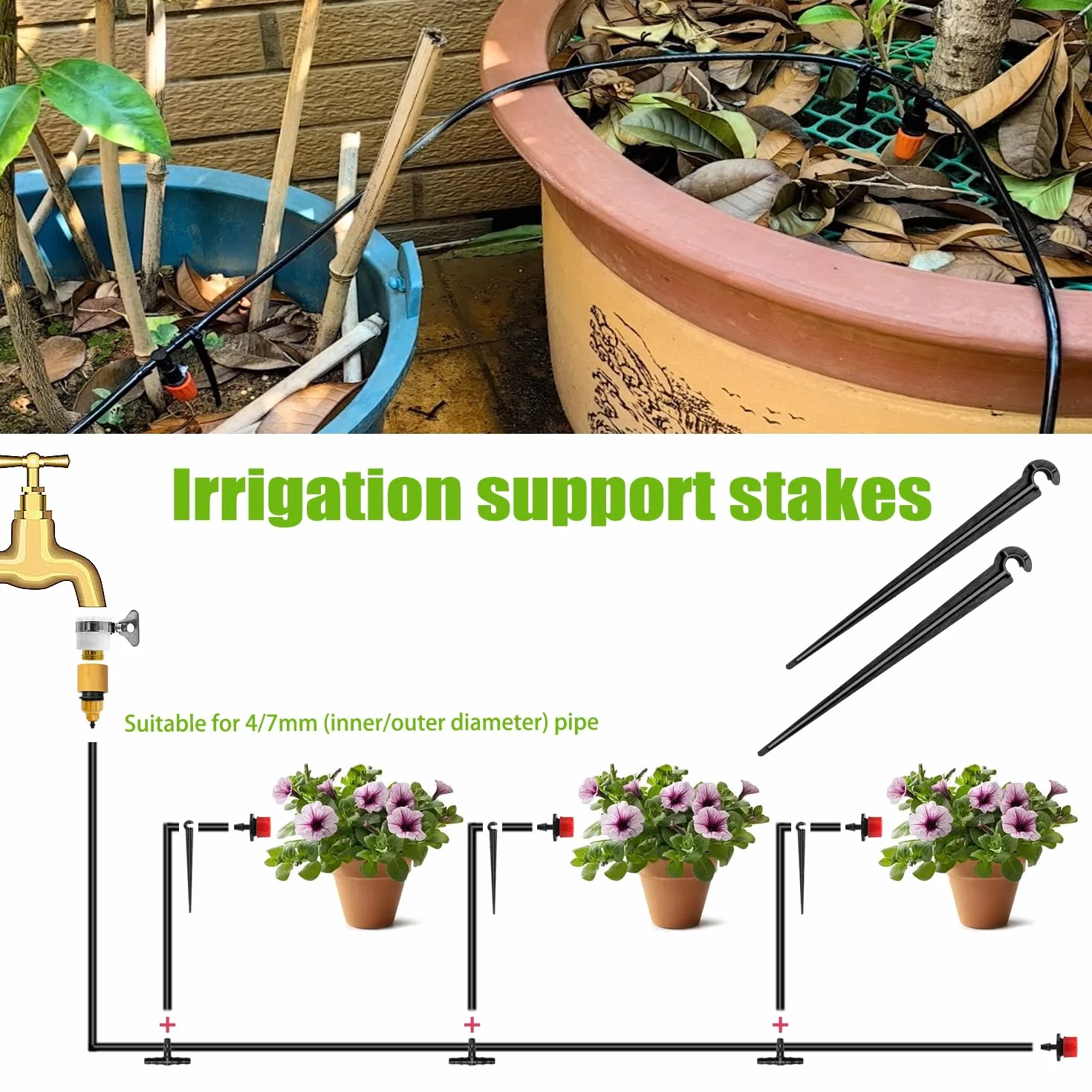 VooGenzek 100 Piezas Estacas de Apoyo para Riego por Goteo, Soporte Tubo Riego Piquetas, Estacas para Manguera de Riego, para Manguera de 4/7mm, para Huertos, Plantas o Macizos de Flores
