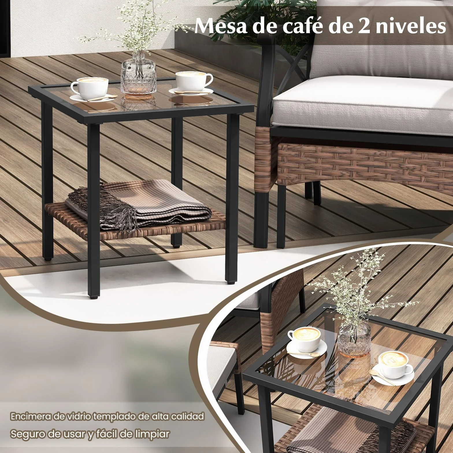 COSTWAY Conjunto Mesa y Sillas Jardin 5 Piezas de Ratán,1 Mesa Auxiliar de Vidrio Templado, 2 Sillas de Ratán PE y 2 Otomanas, Cojines Extraíbles,Conjunto Jardin Exterior Balcon Terraza (Marrón+Gris)