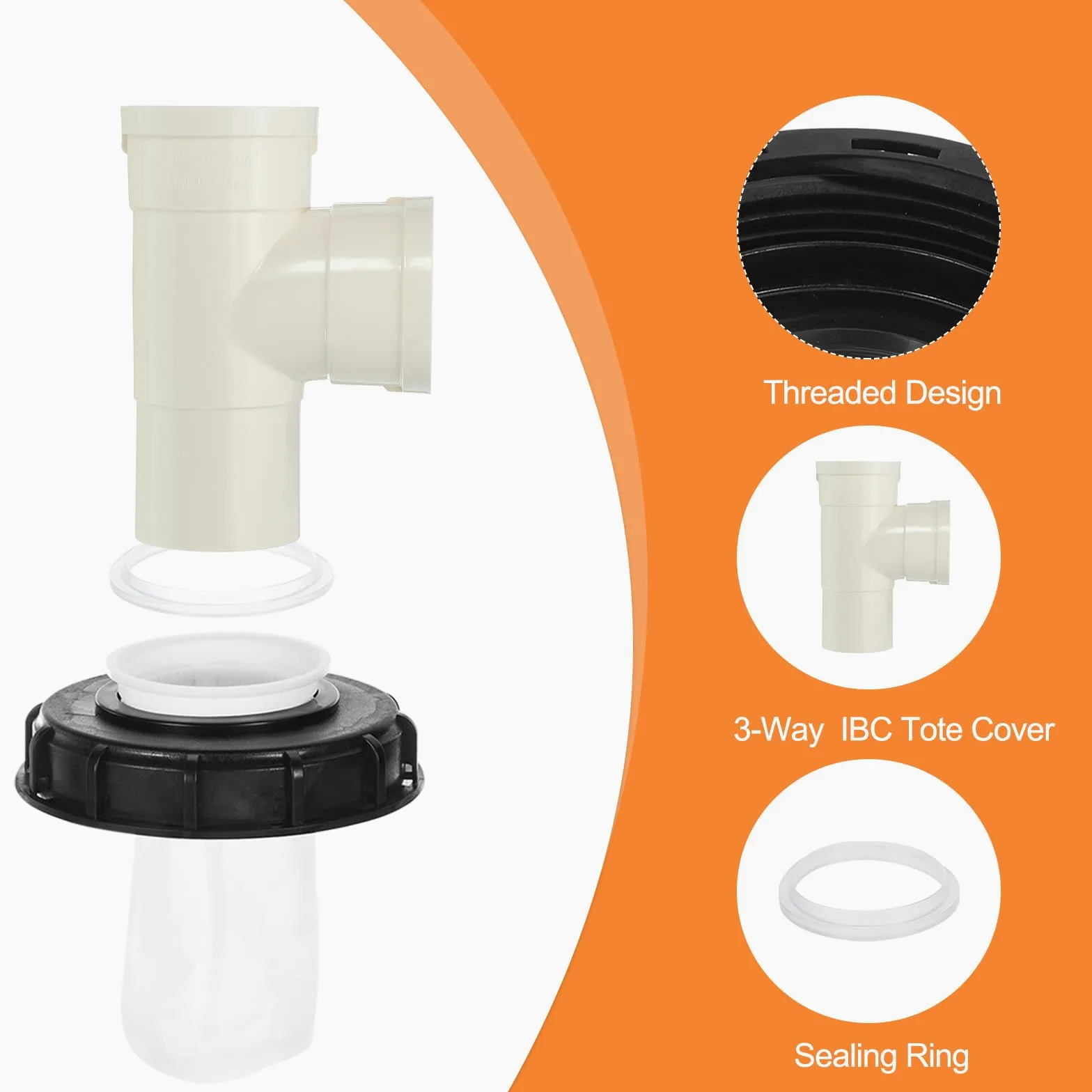 QUARKZMAN 163mm Tapa de Filtro de IBC, Adaptador de Manguera de Tote IBC de Plástico de 3 Vía para Contenedor de Tanque de Agua de Lluvia de 1000L para Tanque de Agua de 275gal, Negro/Blanco