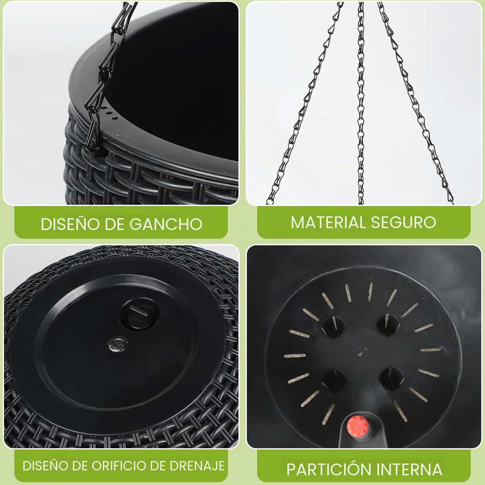 CPROSP 2pcs 28cm Auto-Riego Jardinera Colgante con Indicadores de Nivel de Agua y Ganchos De Cadena, Autorriego Maceta Colgante, Jardinera De Riego Maceta Auto para Exteriores, Techos, Balcones Negro