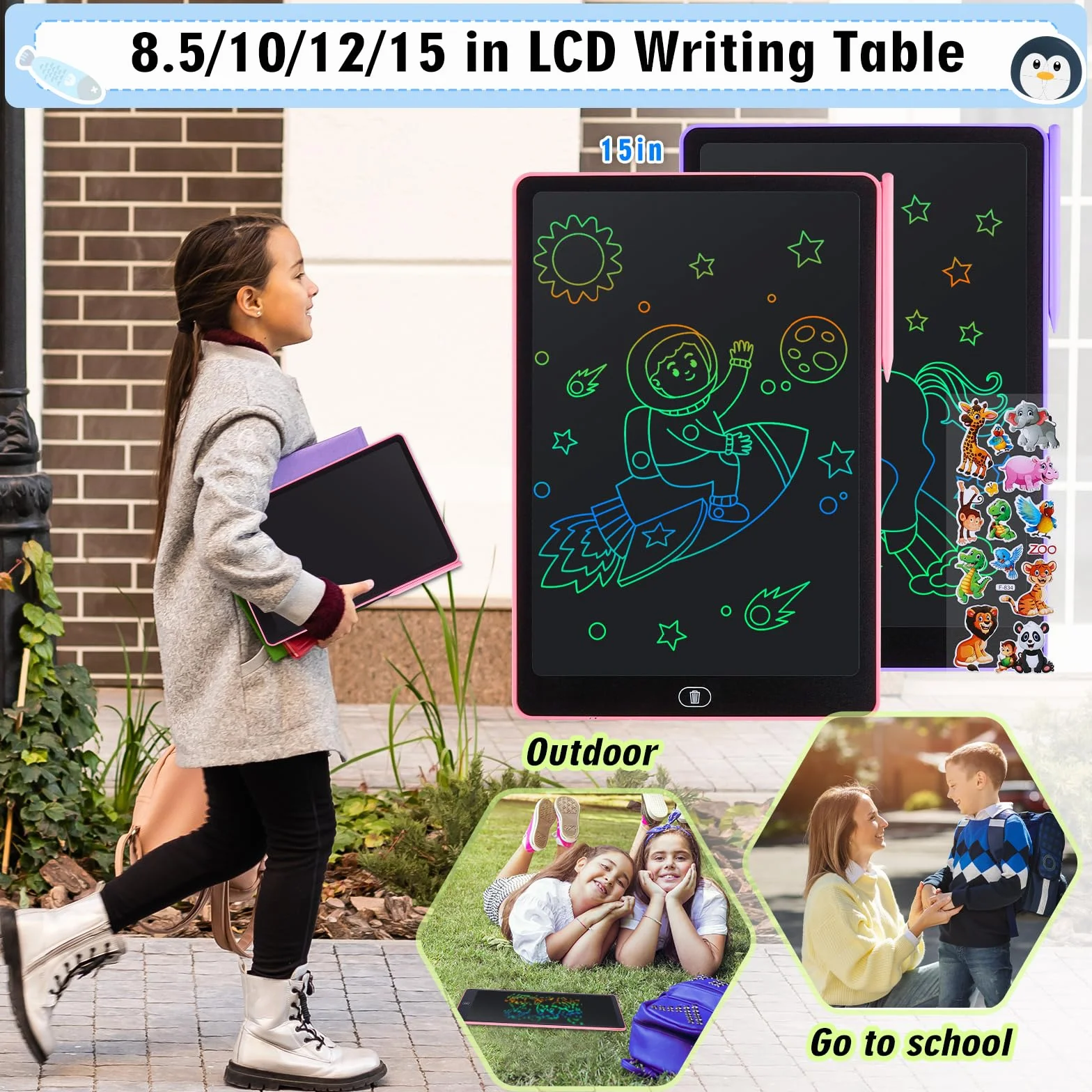 Tableta de Escritura LCD 16 Pulgadas con Pantalla Colorida, Cuaderno Borrable para Niños, Rosa y Púrpura