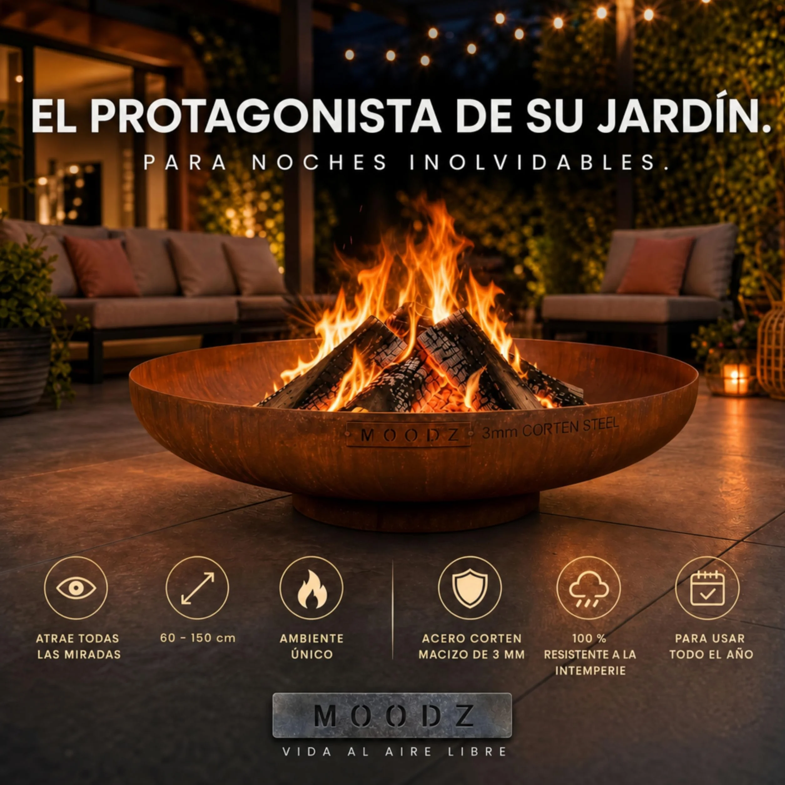 MOODZ Brasero de Exterior en Acero Corten Ø 100 cm - Pozo de Fuego Robusto de 3 mm de Espesor - Fogón de Jardín Resistente a la Intemperie - Gran Cuenco de Fuego para Terraza y Patio
