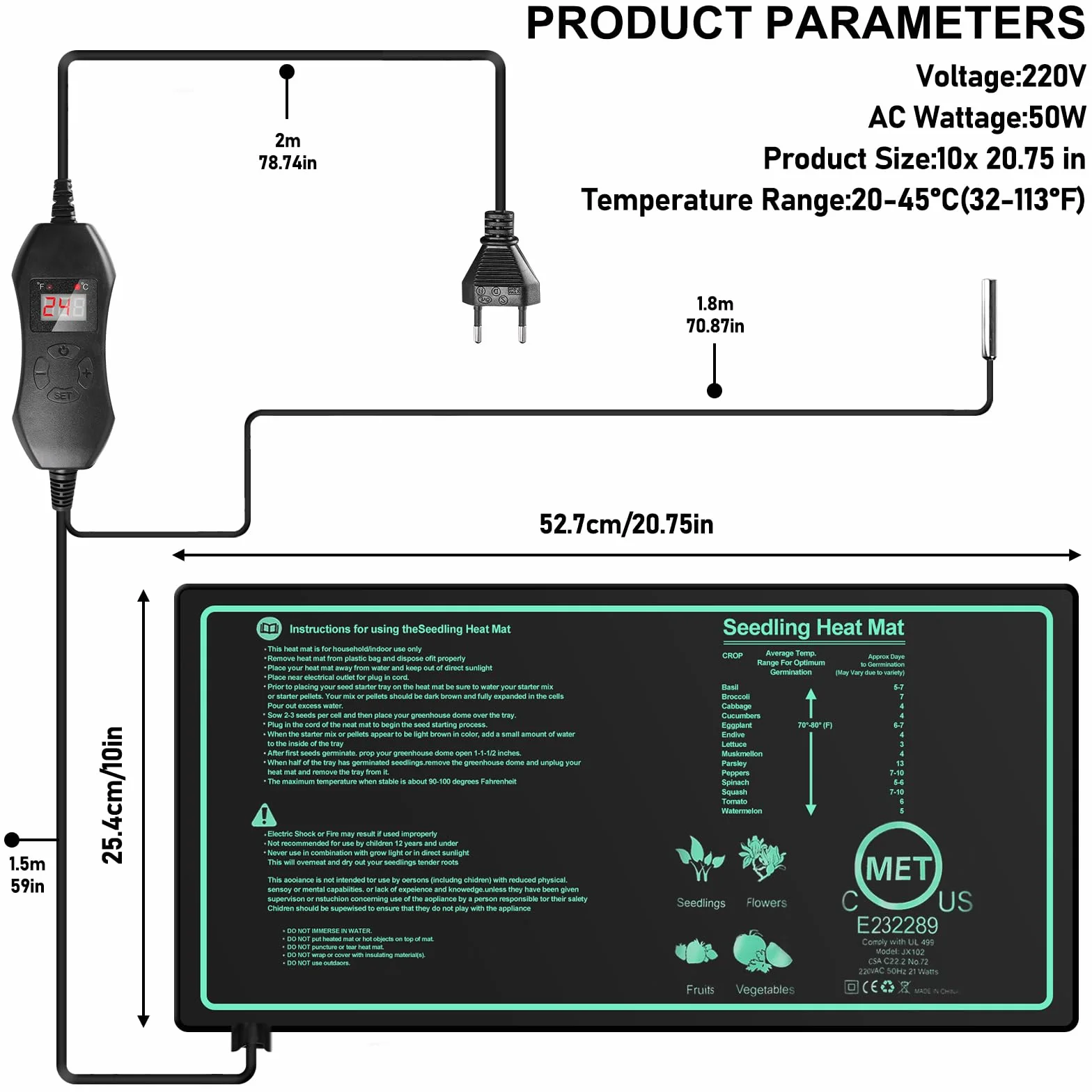 Estera calefactora para plantas con termostato: 10 x 20,75 pulgadas, estera térmica segura para plantas, 50 W, estera térmica duradera para plantas, invernadero de la habitación, estera térmica para