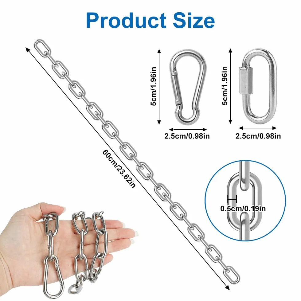 Jinsion 2 Piezas Cadena de Acero Inoxidable con 4 Mosquetón, 60cm Cadena Acero 304, Cadena Silla Colgante, Cadena Hamaca, Columpio de Cadena, Duradero Cadenas para Sacos de Arena, Macetas y Mascotas