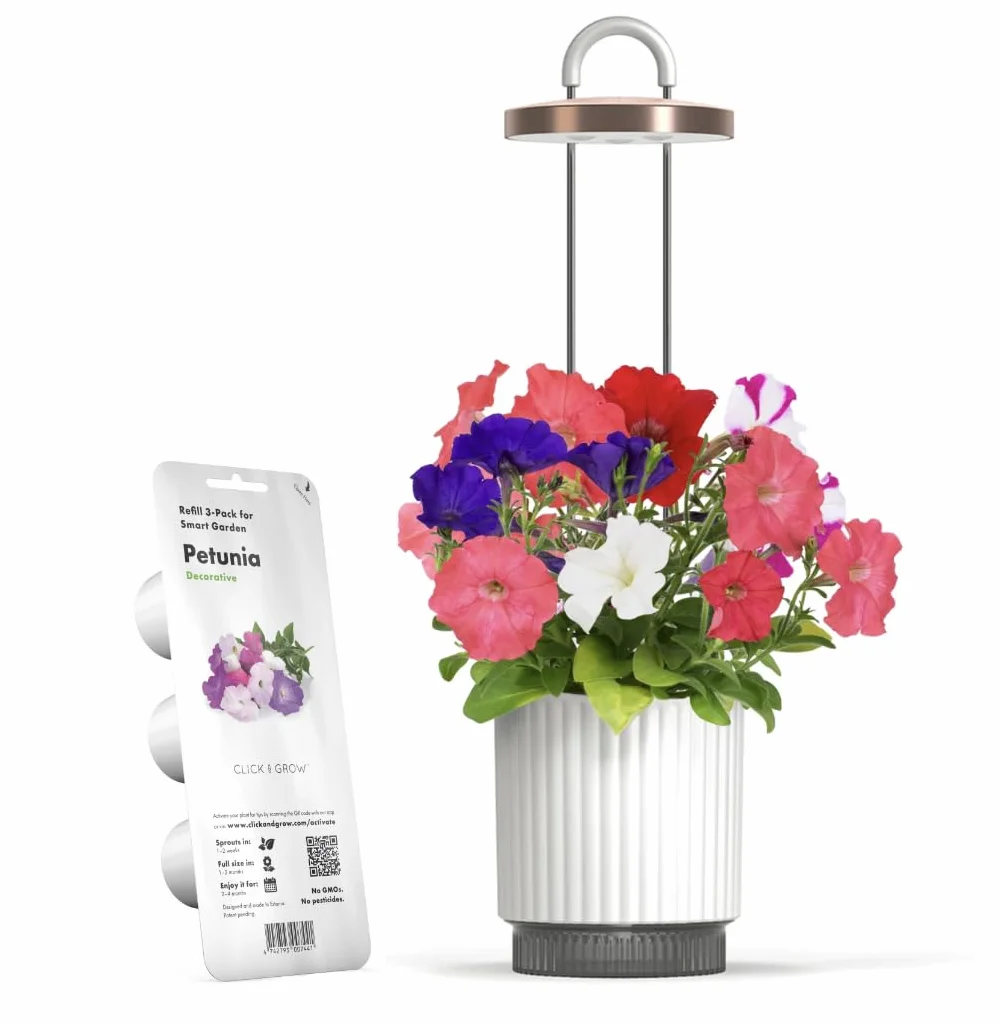 Mini Huerto Inteligente con Cápsulas de Petunia Click & Grow, Hydrovase Smart Garden, Kit de Cultivo Interior con Luz de Crecimiento LED y Autorriego
