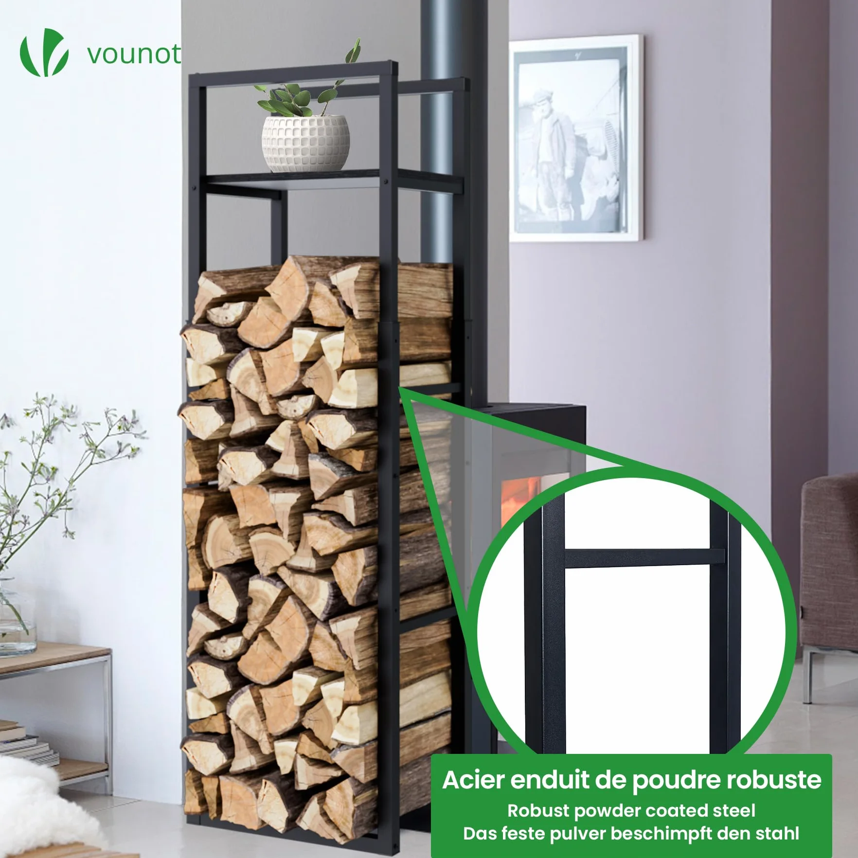 VOUNOT® Soporte de Madera Vertical de Metal Ajustable de 3 Niveles, 45 x 32 x 120-170 cm, Leñero con Estantería Integrada, Estante de Registro de Chimenea para Interior y Exterior, Negro