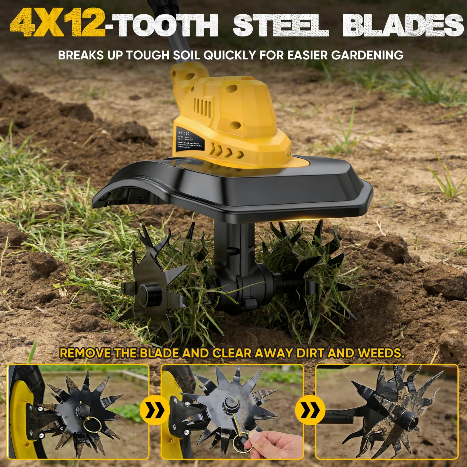 Motocultor Eléctrico Inalámbrico con 2 Baterías de 4,0 Ah, 400 RPM, Batería Sin Escobillas, Ancho 23 cm y Profundidad 21 cm, Motocultor Plegable para Labrar y Suavizar el Suelo