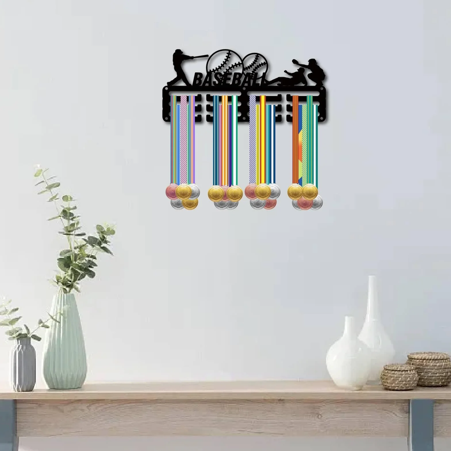 CREATCABIN Colgador Medallas Béisbol Soporte Pared 29x13cm Negro