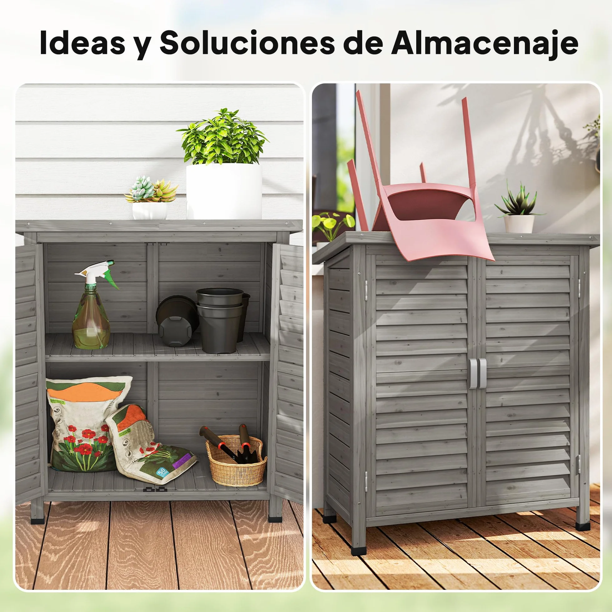 Outsunny Cobertizo de Almacenamiento de Madera para Jardín con 2 Estantes Interiores 2 Puertas y Techo Inclinado para Exterior Terreza 87x46,5x96,5 cm Gris