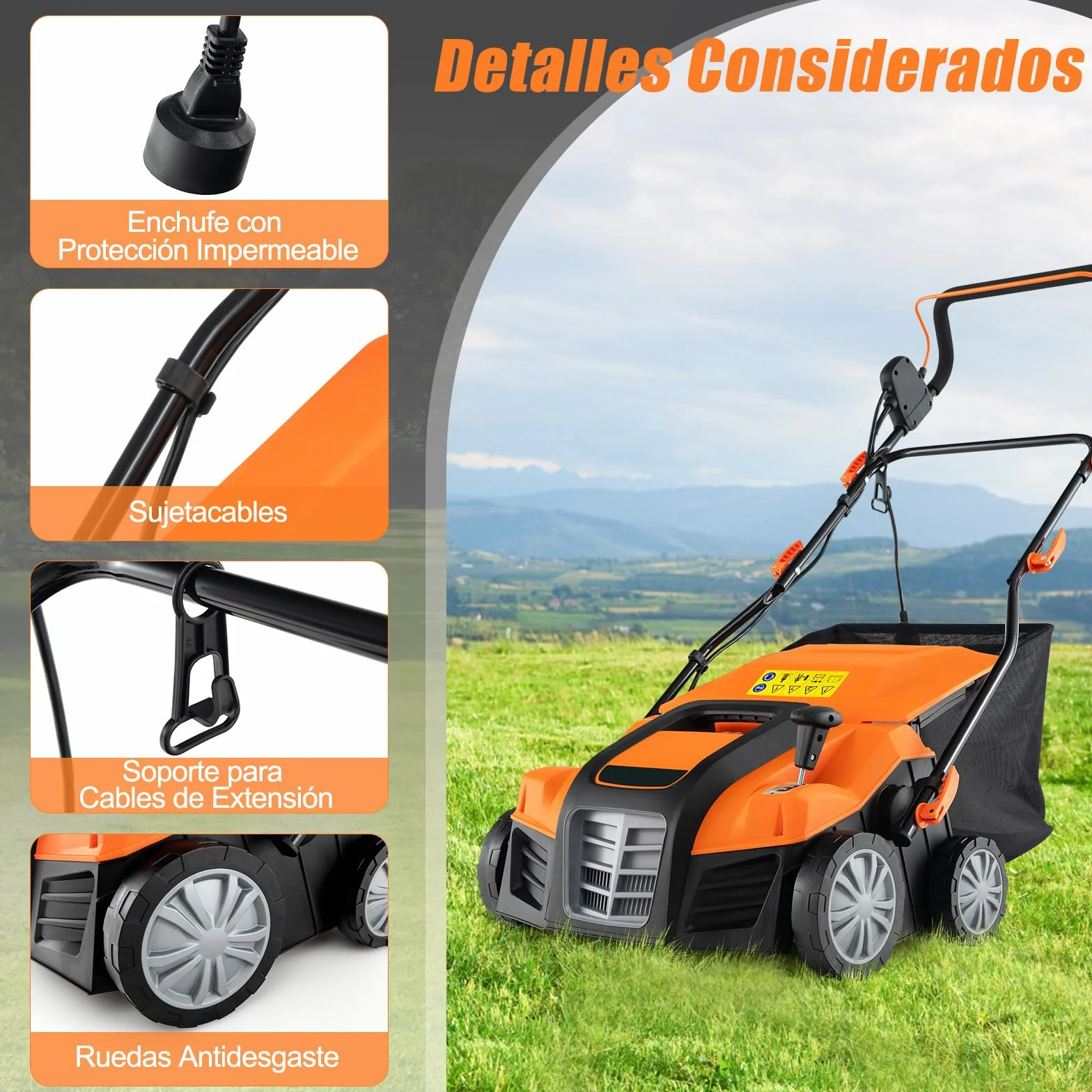 COSTWAY Cortacésped eléctrico 2000W, Cortacésped con Bolsa Recolectora de 55L, Cable y Motor: 3500 RPM, con Ajuste de Altura de 3 Posiciones y de Profundidad de 5 Posiciones (Negro y Naranja)